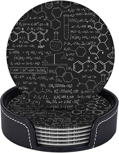 Miniatura 5 de Juego de 6 posavasos de cuero con estampado abstracto de ciencia química, con soporte redondo, resistente al calor, para bebidas, café, posavasos