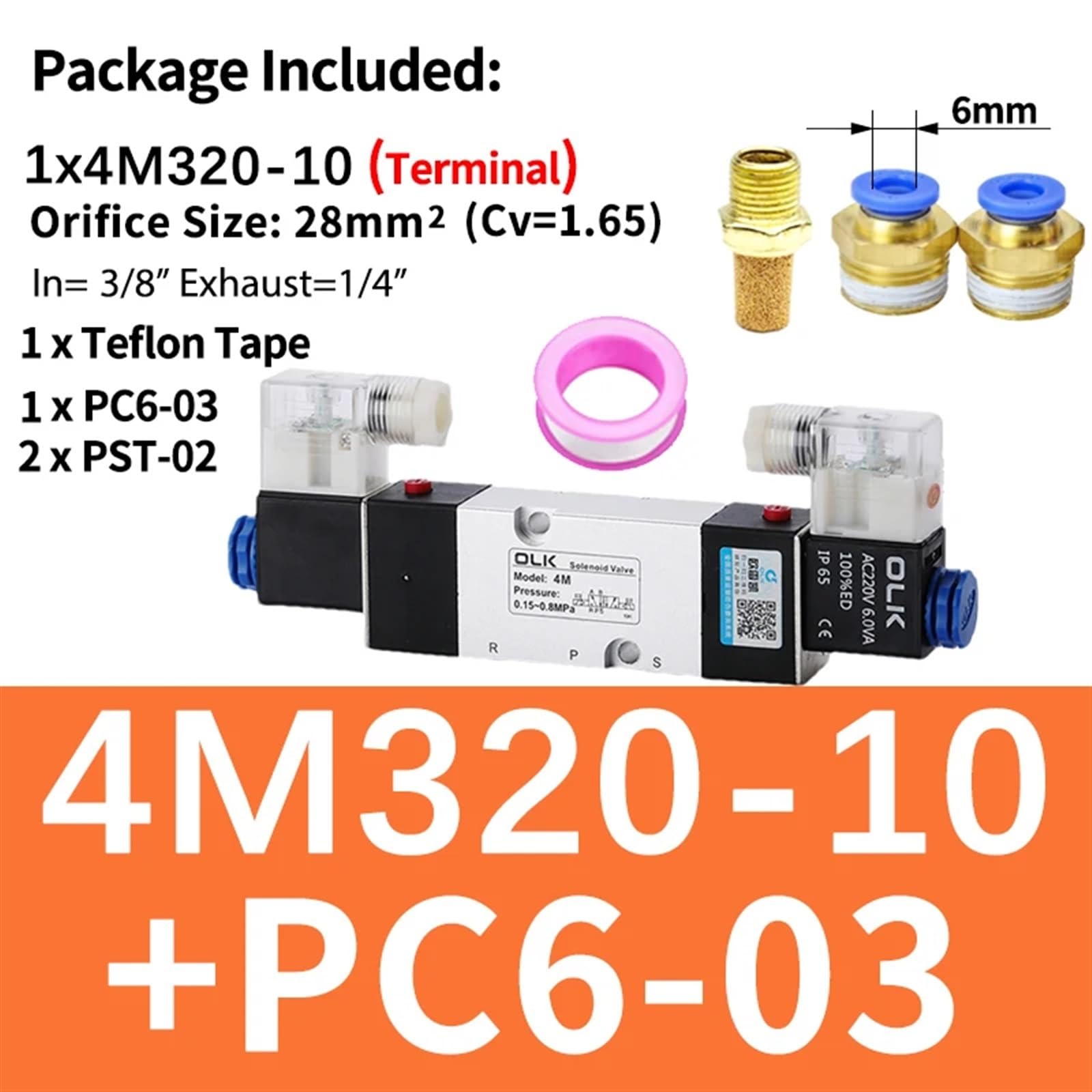1 szt. 4M220-08 4M320-10 4M420-15 2-pozycyjny 5-portowy zawór elektromagnetyczny pneumatyczny pneumatyczny zawór DC 12 V 24 AC 110 220 podwójna cewka Rozmiar: (4m320-10 Pc6-03,AC24V)