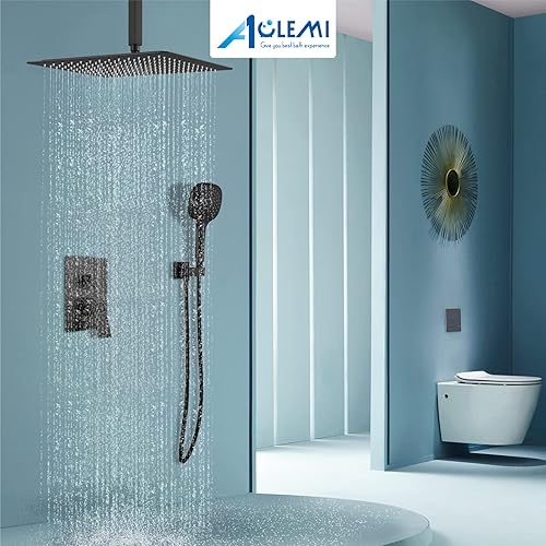 Miniatura 8 de Aolemi Sistema de ducha de montaje en techo de 16 pulgadas, cabezal de ducha de lluvia negro mate con 3 funciones, rociador de mano ABS para baño,