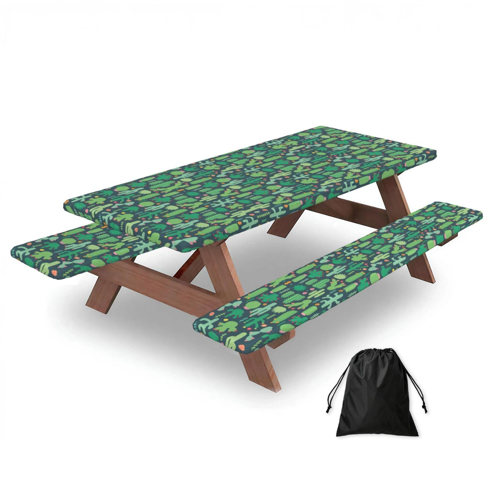 Duwaa Black Cute Cactus Seamless Illustration Print 183Cm Picnic Table Cover With Bench Covers, Waterproof Elastic Tablecloth Set For Outdoor