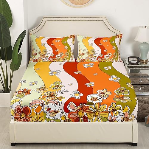 Miniatura 3 de Juego de sábanas bajeras retro de flores hippie para niños y niñas, juego de ropa de cama con estampado de flores, tamaño individual, juego de Multi