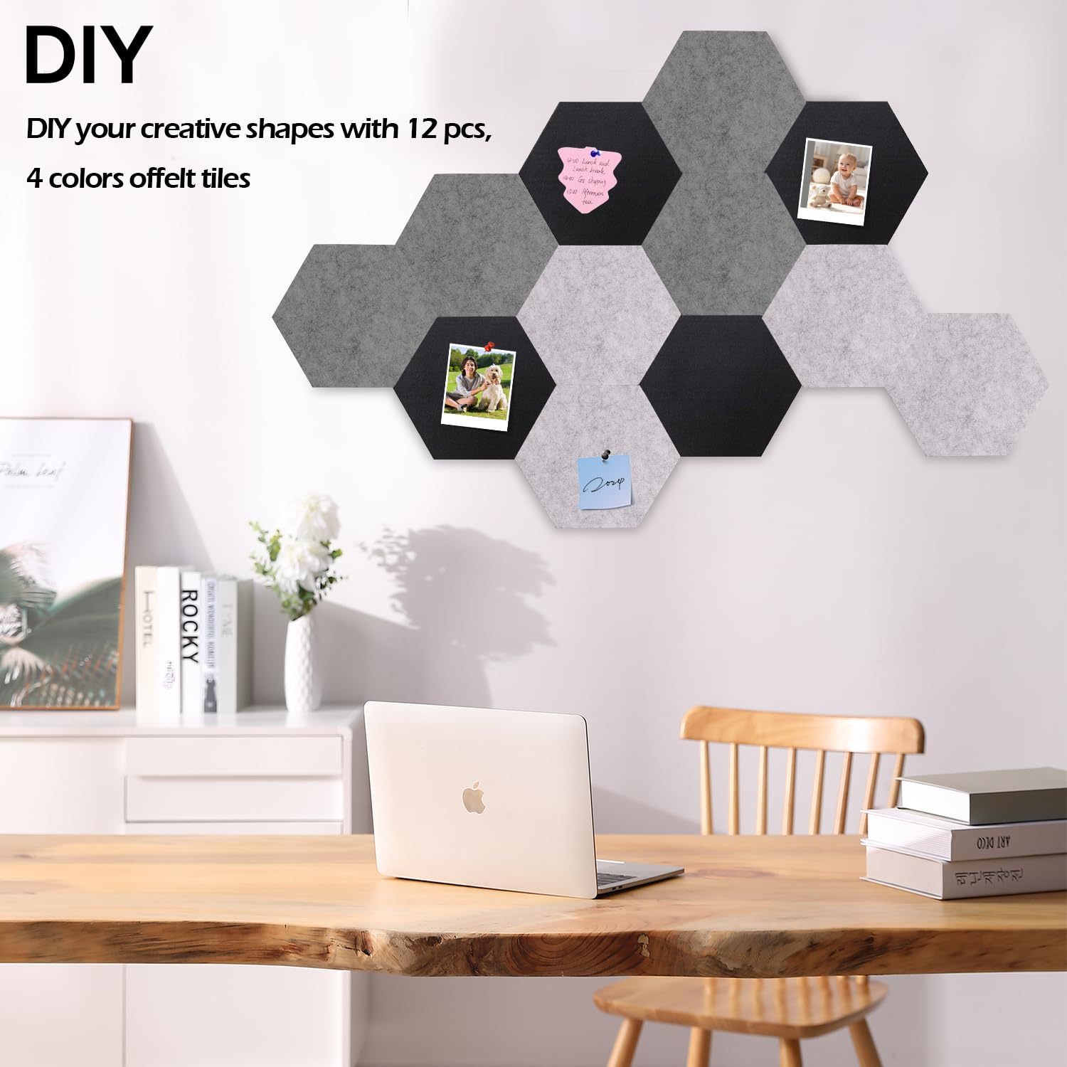 12 Pcs Hexagon Felt Bulletin Board Tiles, Felt Cork