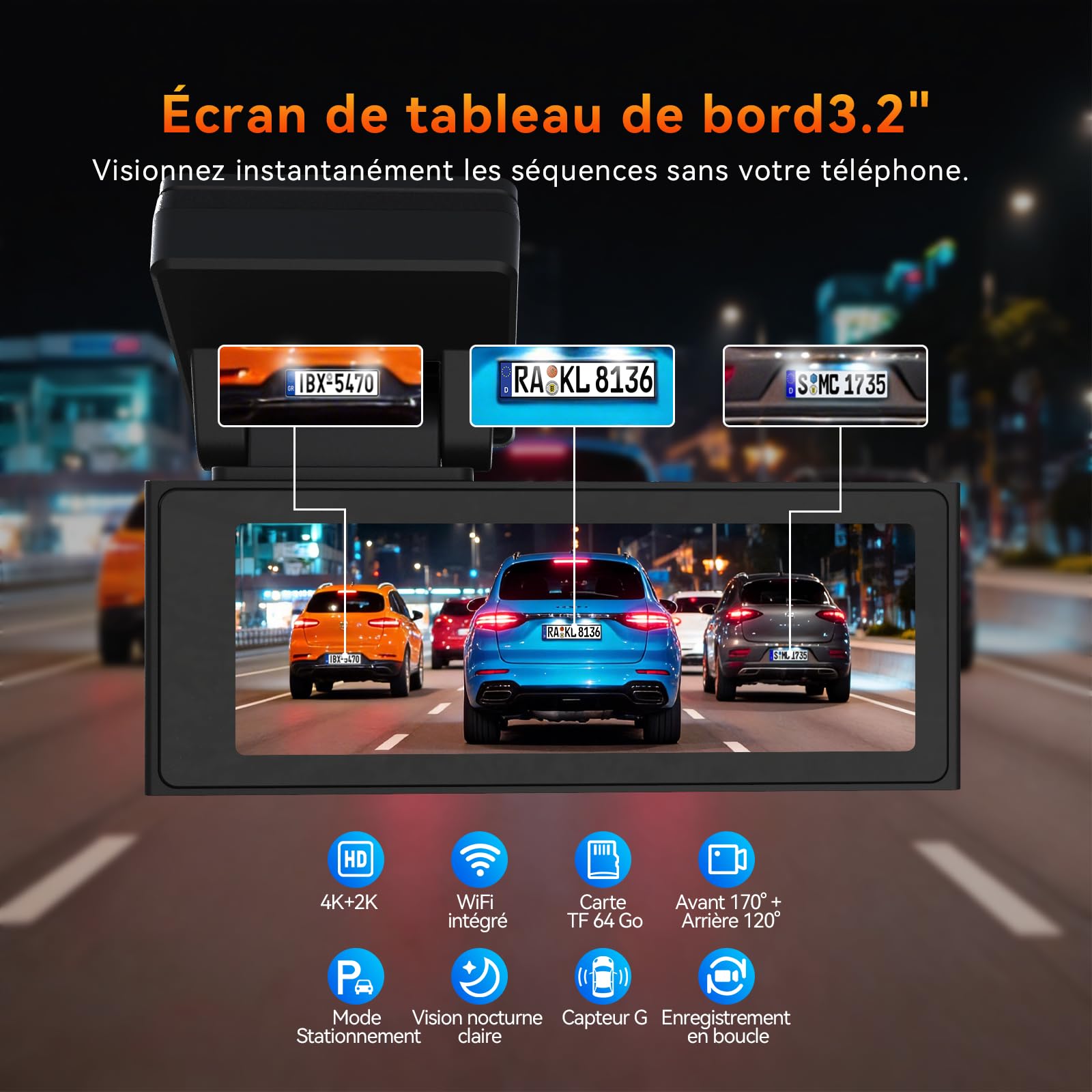 Dashcam Voiture Avant Arrière 4K+2K, 5GHz WiFi Camera Voiture avec Carte SD 64GB, Dash Cam Grand Angle 170°, Vision Nocturne WDR, Écran 3,2", G-Capteur, Mode Stationnement 24H