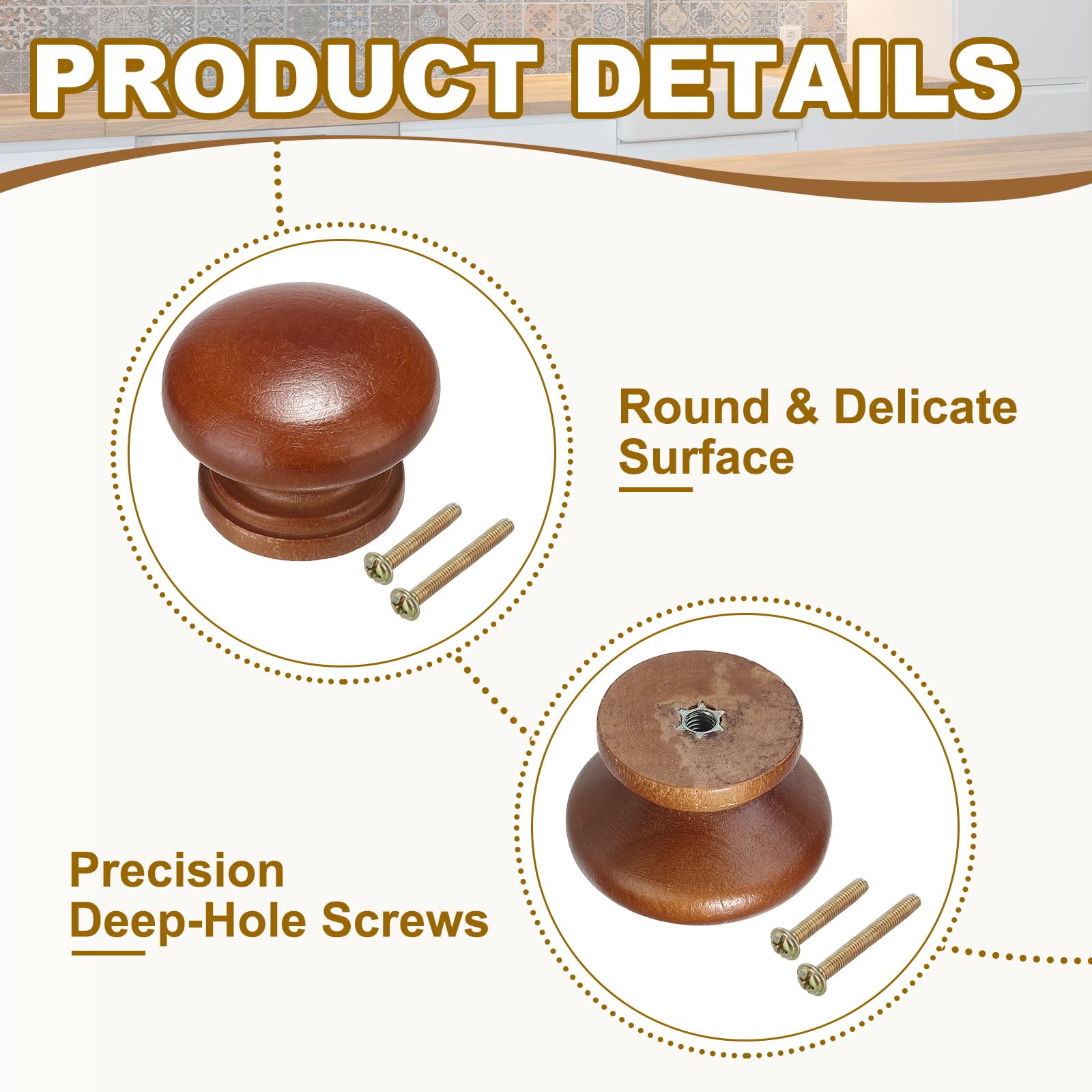PATIKIL 1-3/8 Inch Round Brown Wood Drawer Knobs, 8 Pack with Screws for Kitchen Cupboard Furniture Door - Image 3