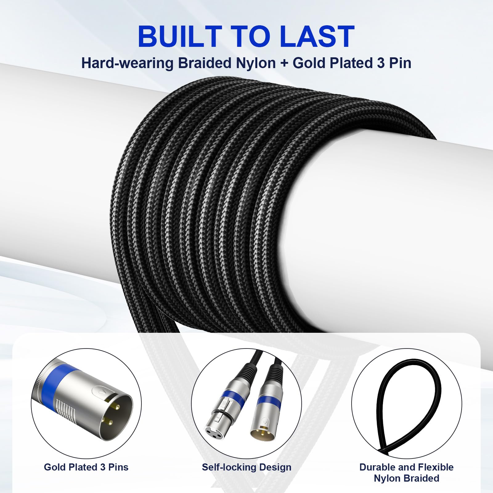 Paquete de 4 cables XLR profesionales de 10 pies, cable de micrófono XLR trenzado sin ruido y de larga duración, todos los conductores de cobre equilibrados, cable de micrófono macho a hembra