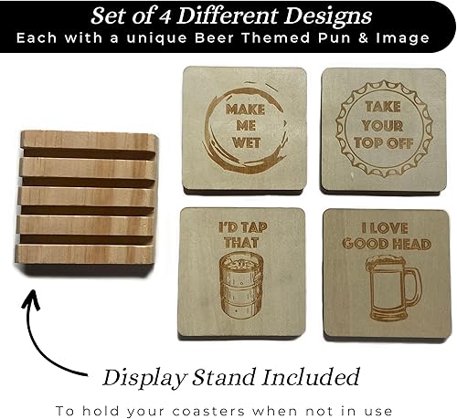 Miniatura 6 de Divertidos posavasos de madera con temática de cerveza con soporte, juego de 4 posavasos de regalo con diseños grabados con láser, decoración de bar
