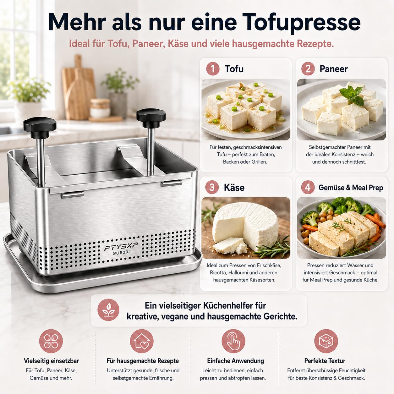 Tofu prensa -304 acero inoxidable vegano Tofu prensa para acelerar la eliminación del agua de la seda en 10-30 min para tofu sólido sólido Exprimidor de queso y jamón sin grieta BPA (XL)