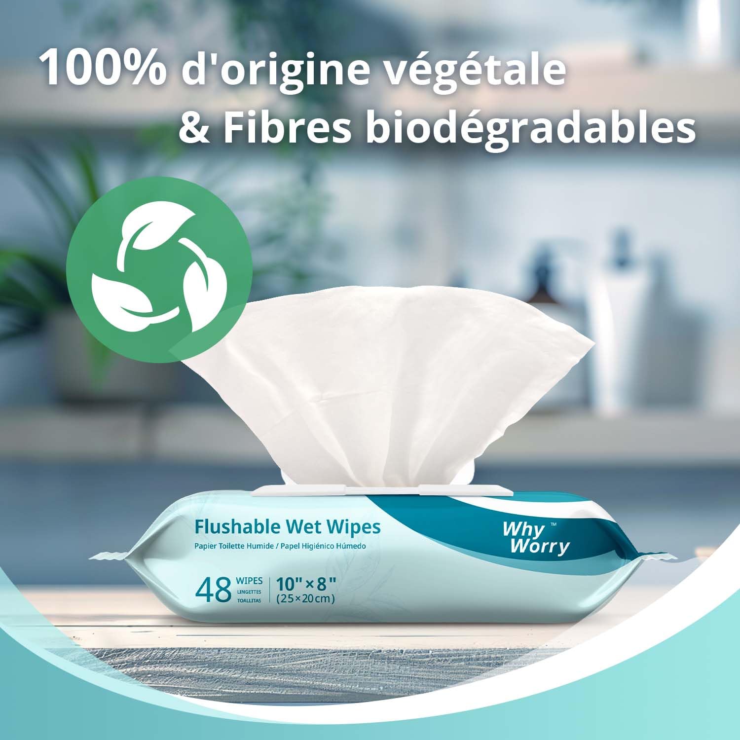 WhyWorry XL Papier Toilette Humide 20x25 cm pour Adultes, Extra Épais Lingettes Nettoyage Jetable dans les Toilettes, Camomille et Vitamine E, 100% Végétales, Sans Parfum, 144 Unité (3 Paquets de 48)