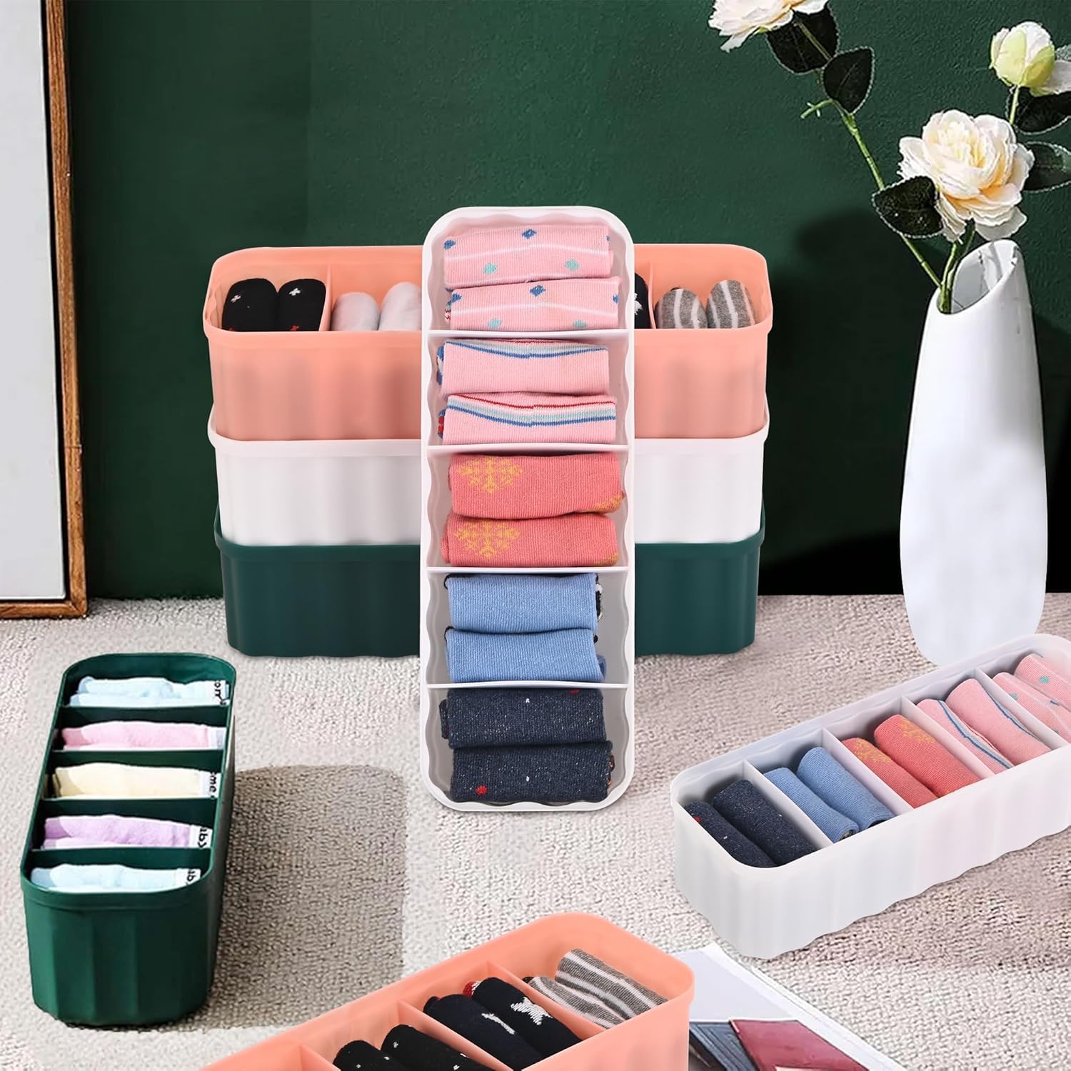 KAPWING Pack of 4 Multicolor Drawer Organisers/Divider with 5 Compartments | Multipurpose Storage Box and Organiser for Makeup Cosmetics, Socks, Perfume, Undergarments, Dressing Table