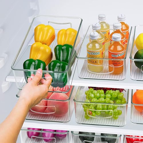 Miniatura 4 de Juego de 8 cubos organizadores de refrigerador 4 contenedores grandes y 4 medianos organizadores apilables y transparentes para refrigerador