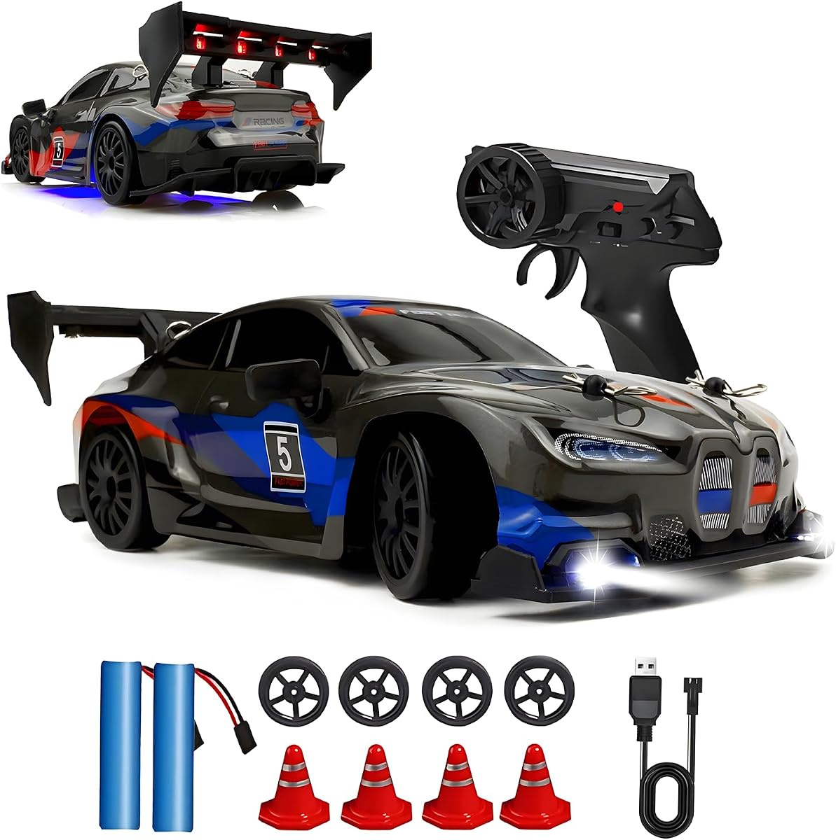 HTURCCOP RC Drift Car 2.4GHz Escala 1:24 4WD 25KM+/H Modelo de vehículo de alta velocidad con luces LED Neumático a la deriva Carreras Deportivas Coche de juguete para adultos Niños Niñas Regalo para niños (negro)