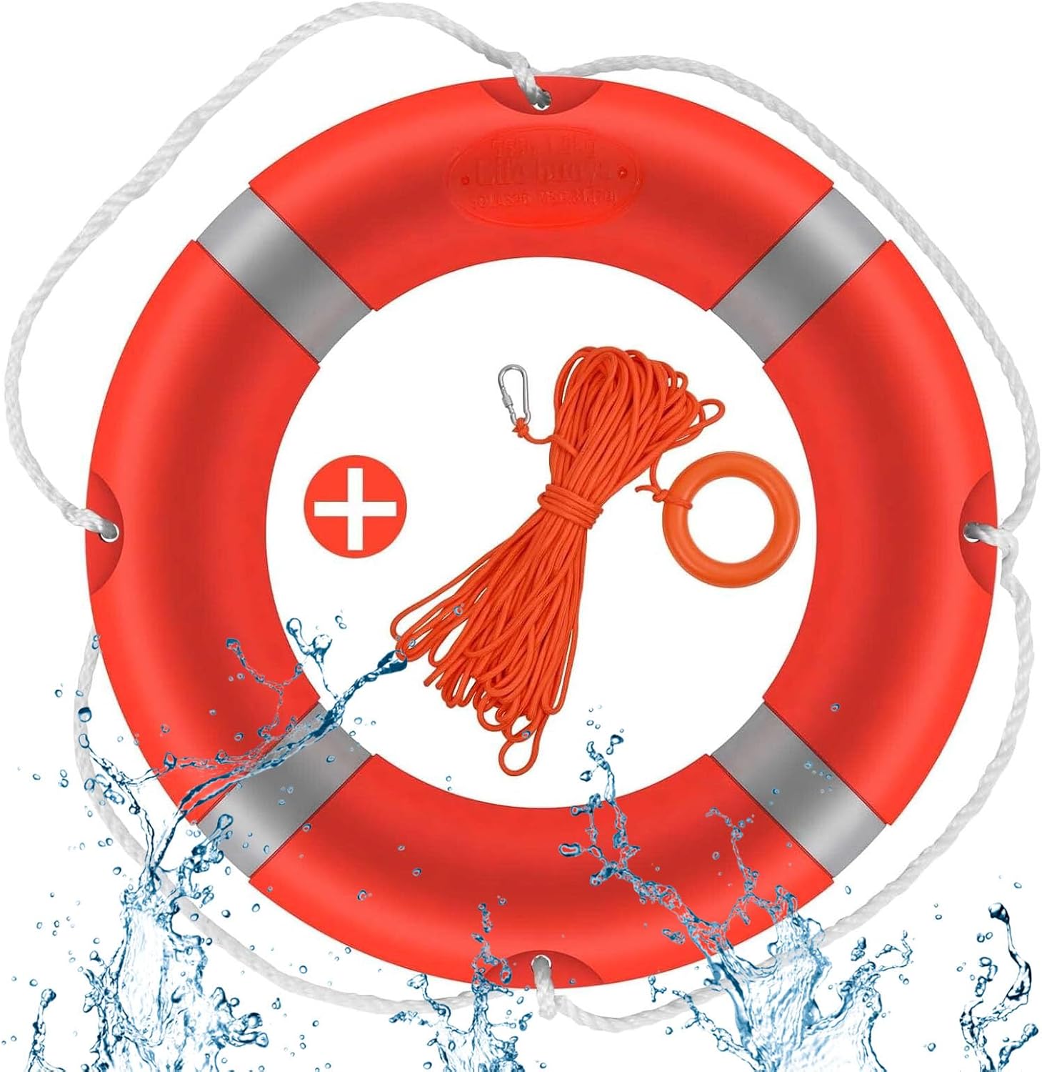 23Inch Life Preserver Ring, Life Ring for Pool with Water Floating Lifesaving Rope 98.5FT Set, Boat Safety Throw Ring, Swim Pool Safety Ring Foam Ring Buoy for Outdoor, Throwable Flotation Device (Box Damaged)