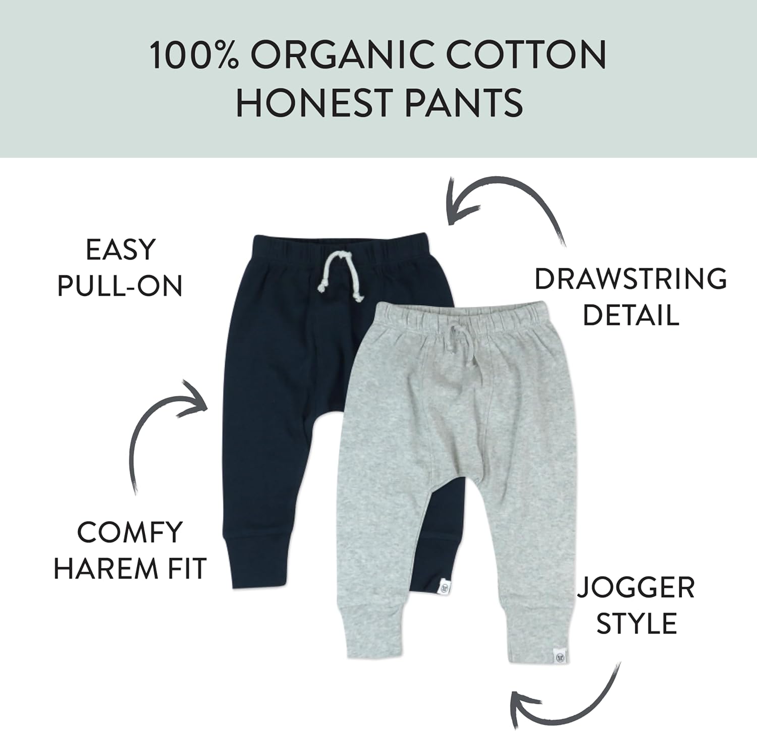 Multipack Honest Pants Joggers Pull on 100% Organic Cotton for Infant Baby and Toddler, Boys, Girls, Unisex