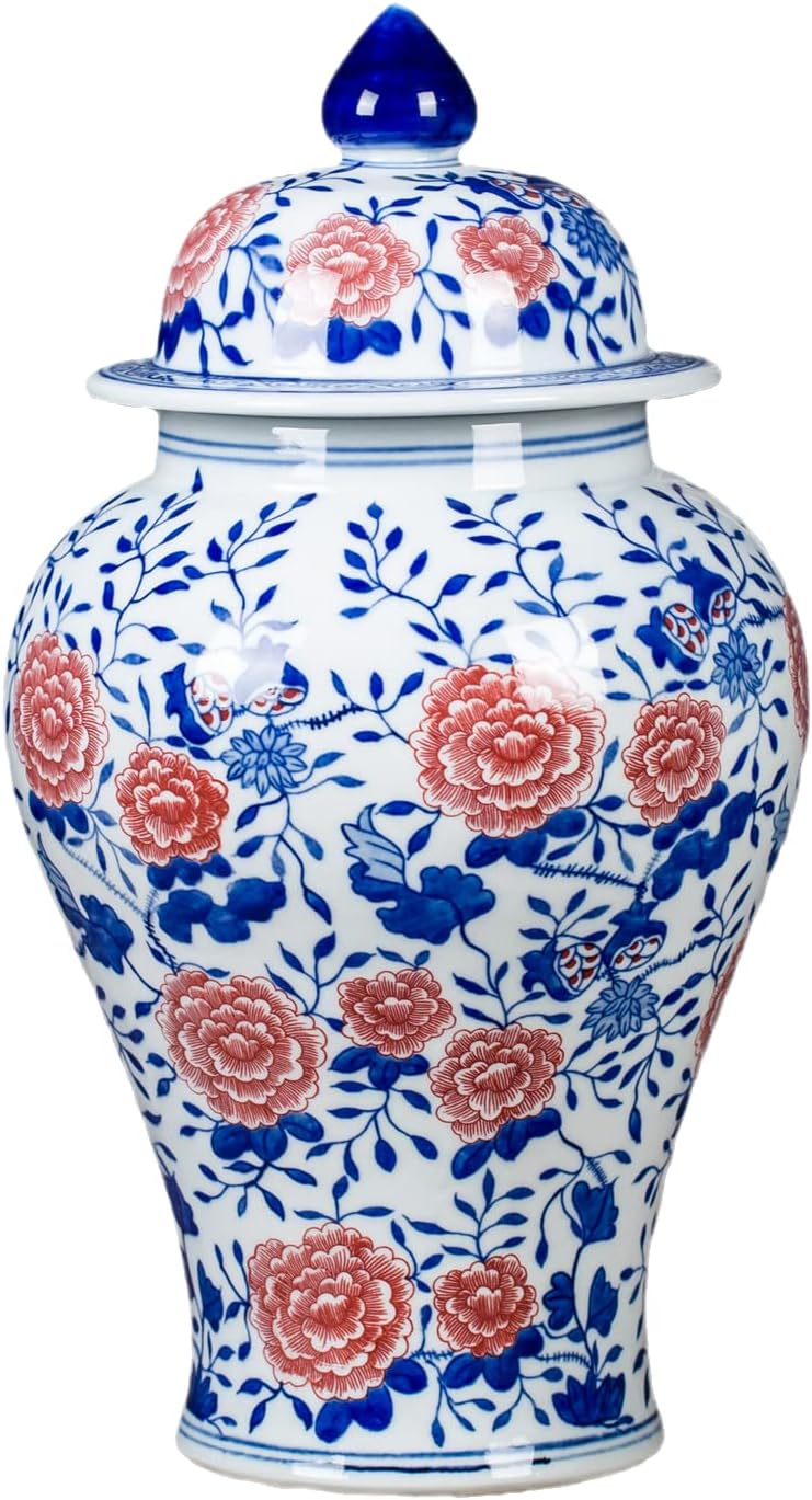 Chinese Hand Painted Ceramic Jar Ginger Jars for Home Décor Blue and White Porcelain Underglazed Red Vase Ornaments from Jingdezhen|H14.6inches
