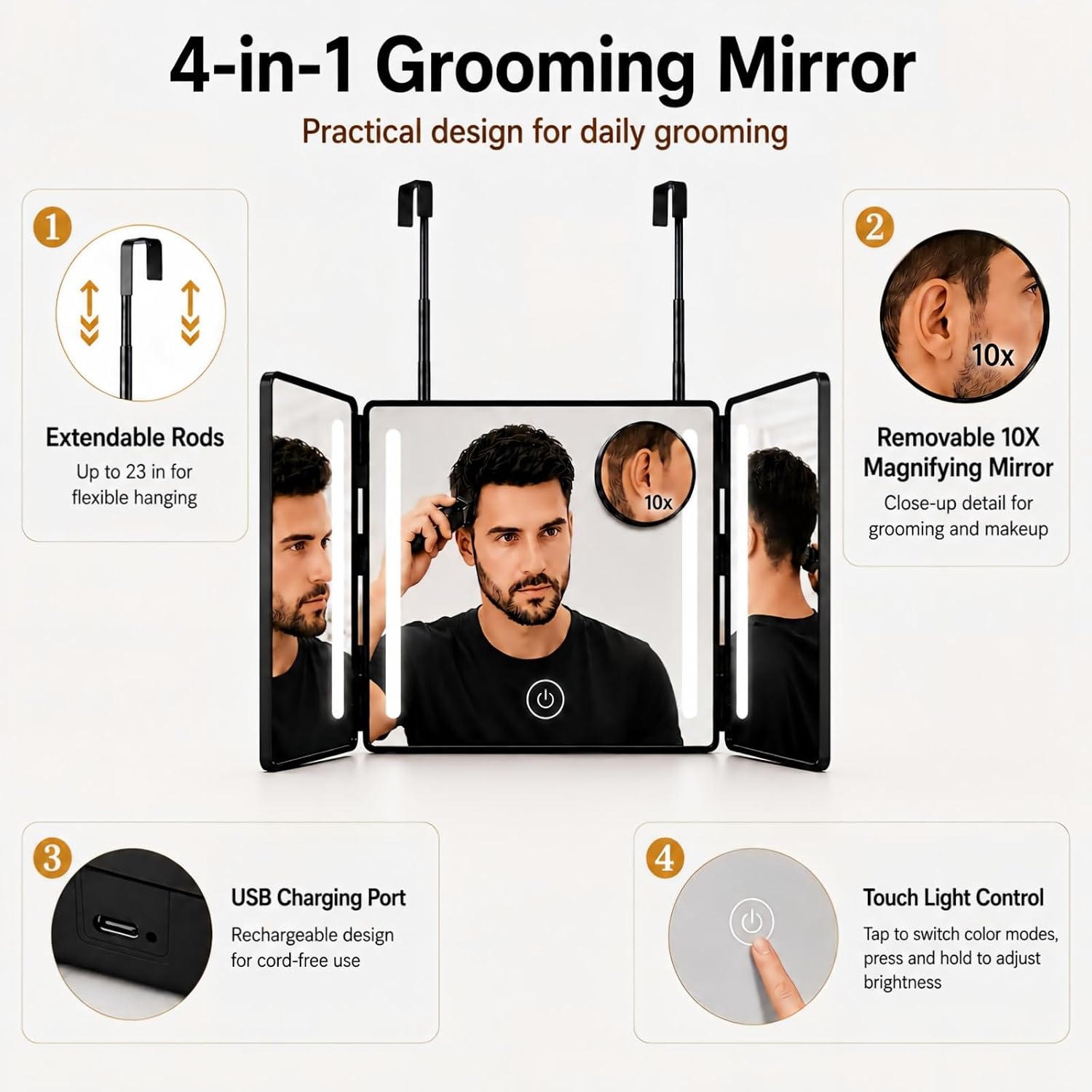 3 Way Mirror with Lights for Self Hair Cutting, Removable 10X Magnifier, Rechargeable Trifold Barber Mirror with 3 Light Modes, 23-Inch Telescoping Hooks for Makeup, Styling and Shaving, Black