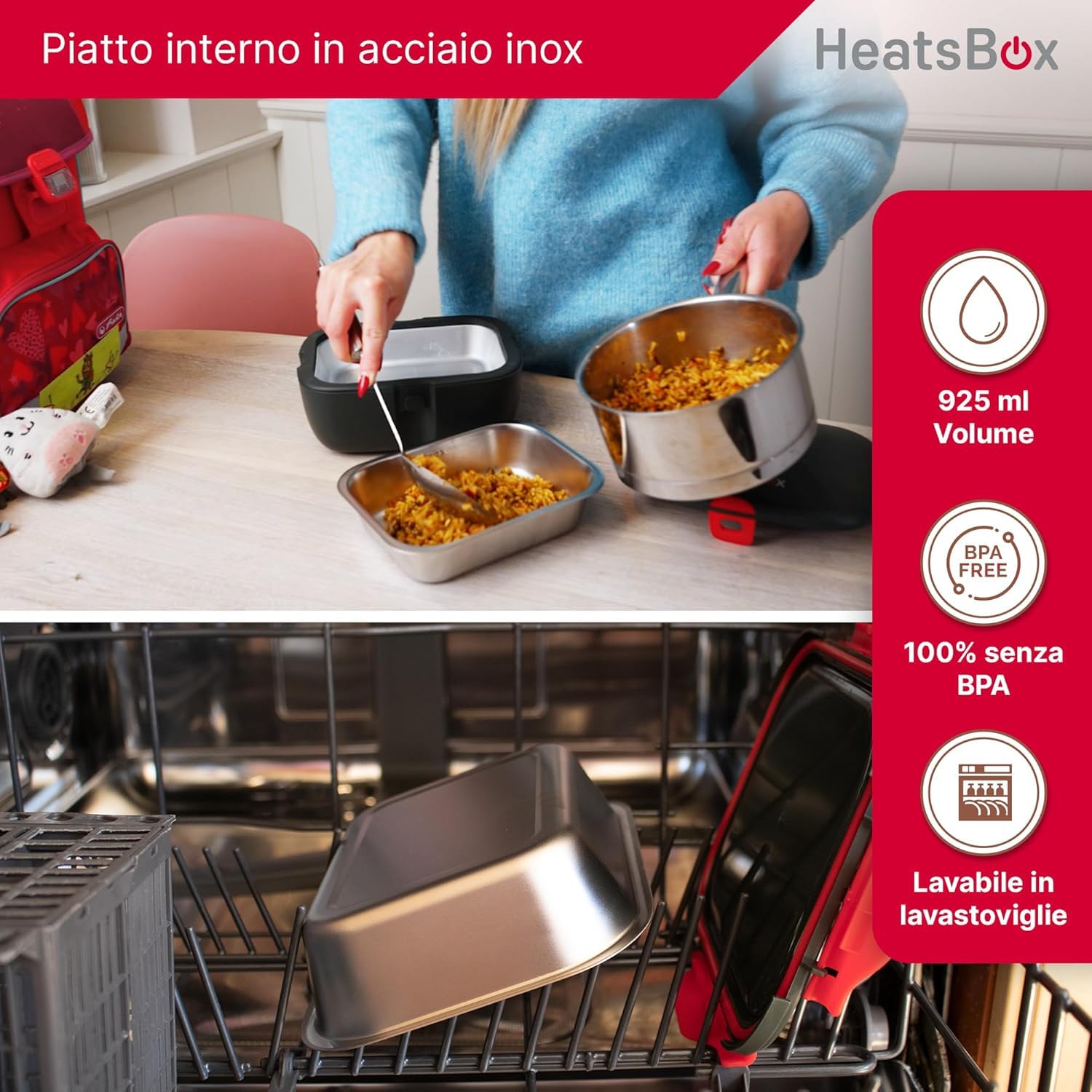 Faitron HeatsBox Go - Contenitore per il pranzo elettrico, per il riscaldamento degli alimenti, controllo tramite app, batteria integrata, ciotola in acciaio inox a tenuta stagna (925 ml), 100 Watt
