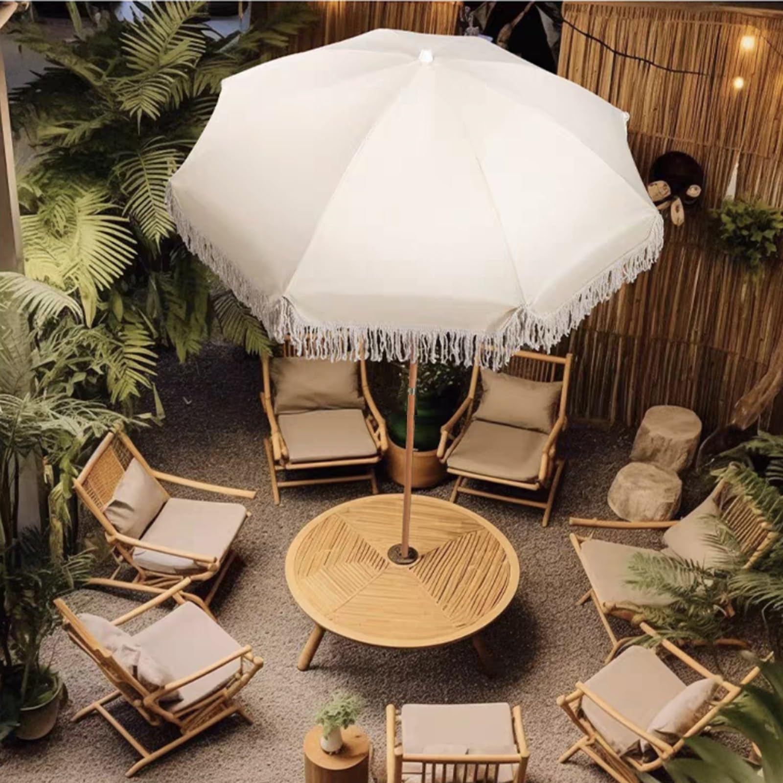 Beach parasols, 200cm/6.56ft White Fringe Parasol, Vintage Garden Umbrella
