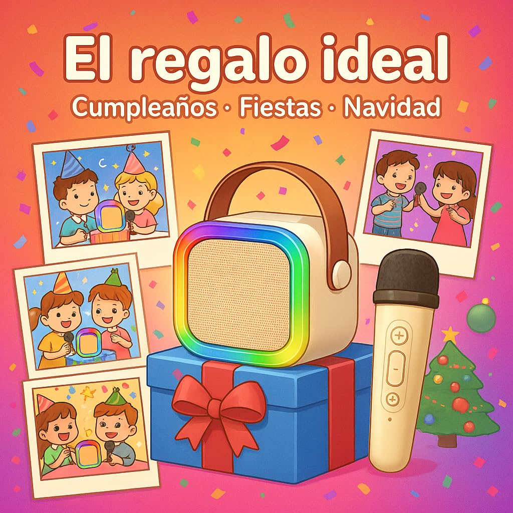 Karaoke con 2 micrófono inalámbricos. Mini Karaoke Infantil para niños. Bluetooth portátil con Altavoz y Luces LED y Efectos de Voz. Regalo para niños y Adultos