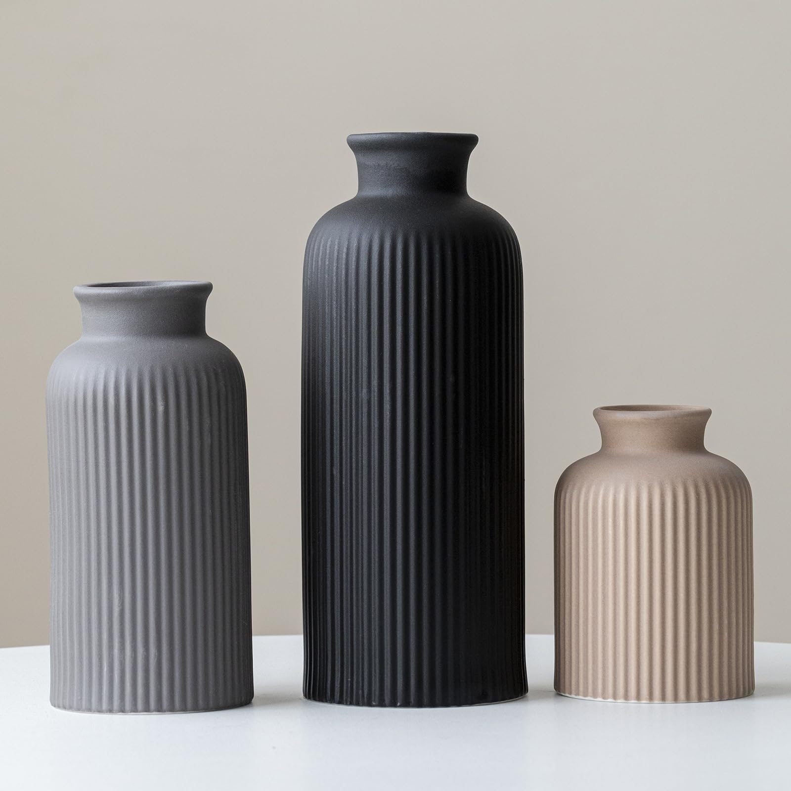 Set di vasi in ceramica moderno e grande, finitura opaca a coste nere, 3 pezzi, vasi decorativi per casa, soggiorno, ufficio, altezza 25,4 cm, larghezza 10,2 cm (mix nero XL)