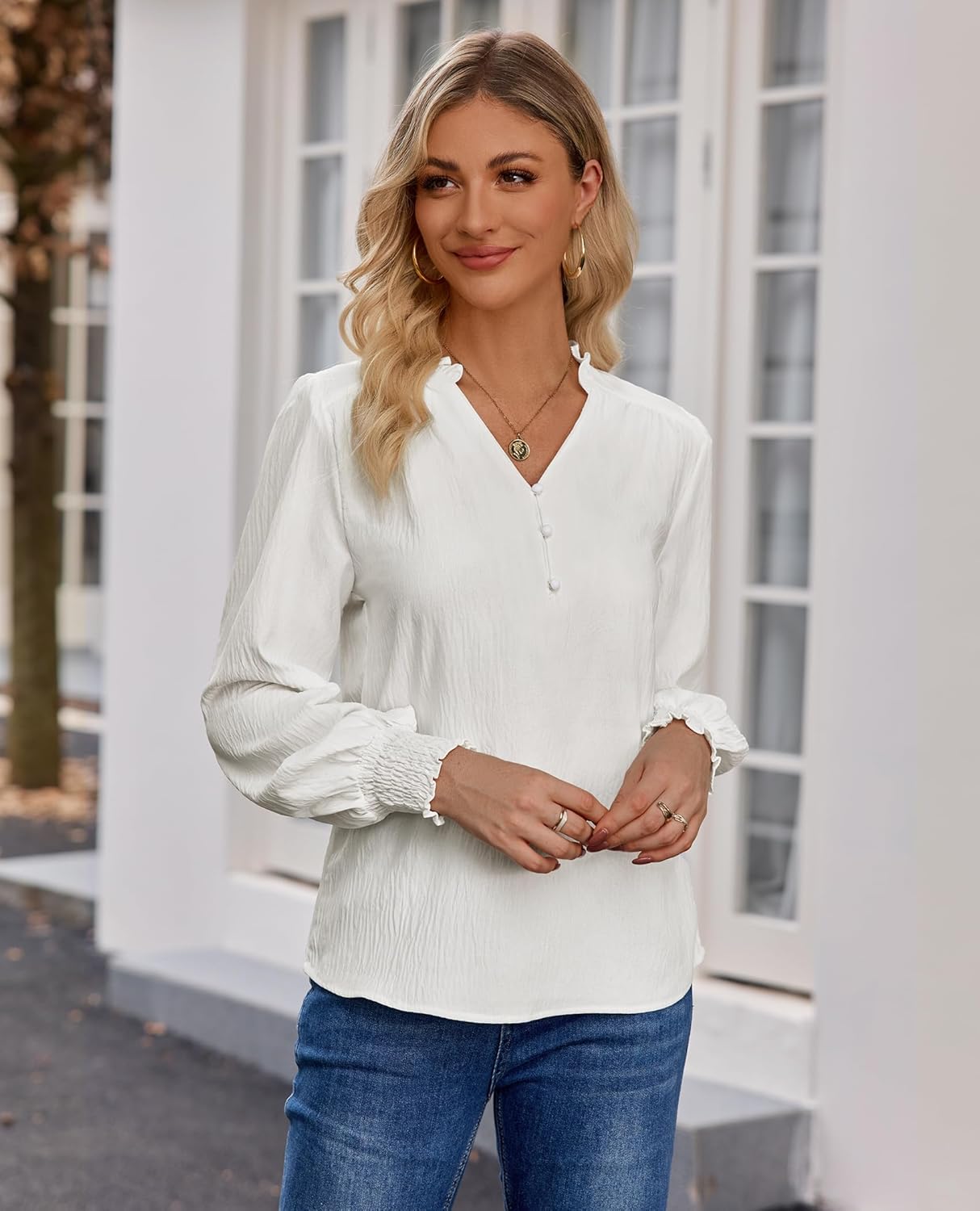 Blouses for Women Dressy Casual Long Sleeve Shirts V Neck Tunic Fall Trendy with Smocked Cuffs Business 2026 Outfits - Image 3