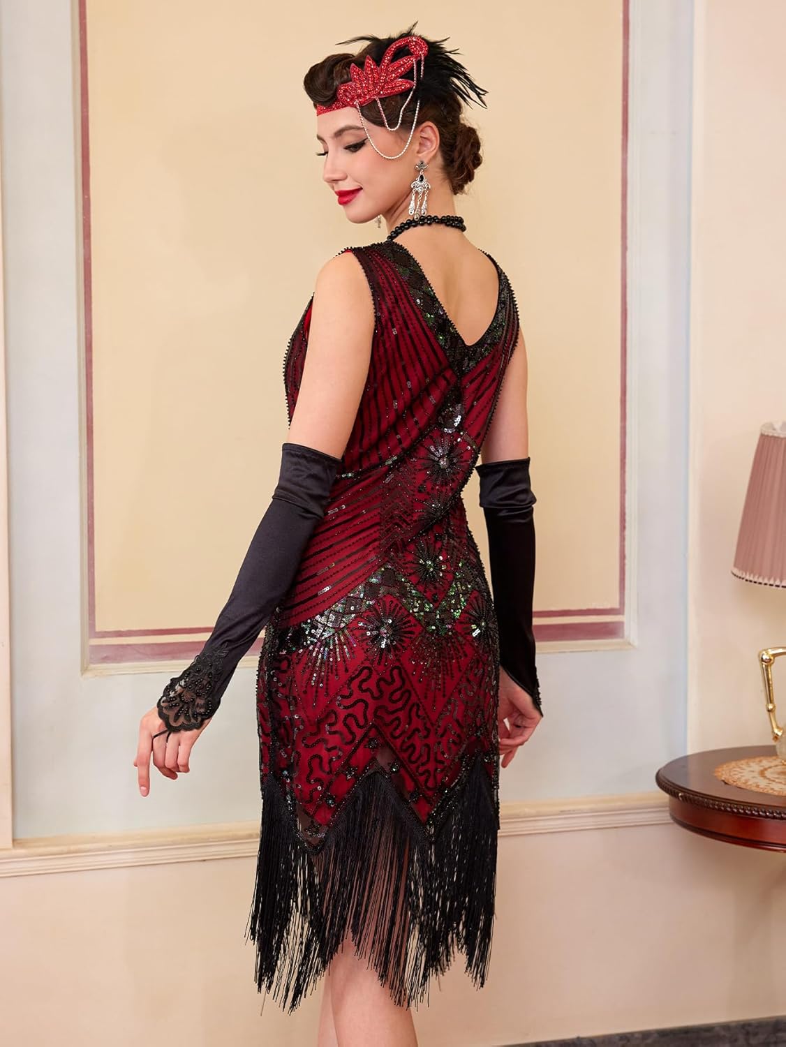 1920s Flapper Dresses for Women, Great Gatsby Dresses Roaring 20s, Fringed Sequin Costume with Accessories Set - Image 3