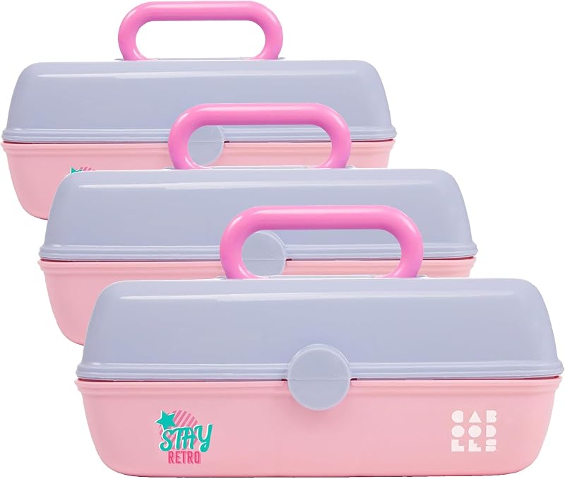Maleta de maquiagem Caboodles Pretty in Petite, pervinca sobre rosa, organizador de plástico rígido com 2 bandejas giratórias e espelho, Pacote com 3