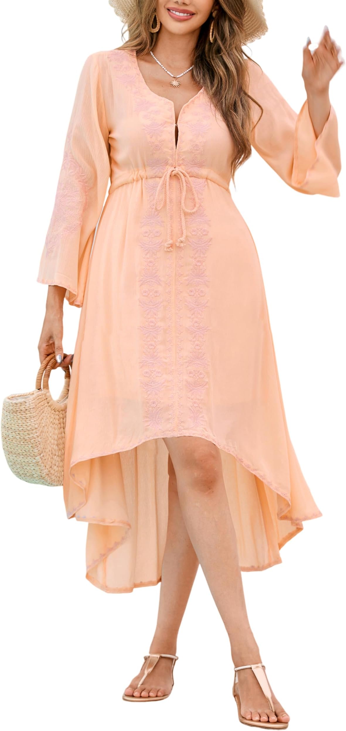 Womens V Neck Bell Sleeve Vintage Floral Embroidered High Low Long Dresses