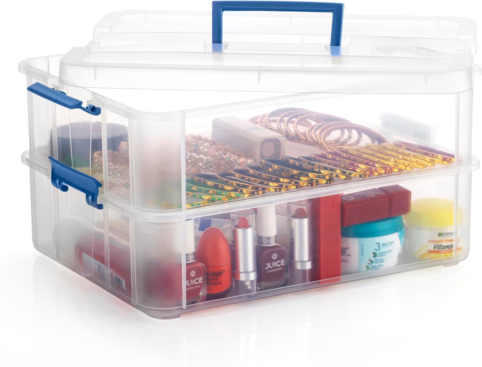 PALAK Plastic Storage Box - 2 Tier Transparent Rectangular Multi Utility Detachable, Space Saving Organiser With Lid For Medicine, Jewelry, Arts & Crafts, Buttons, Beads (2 Tier, Blue)