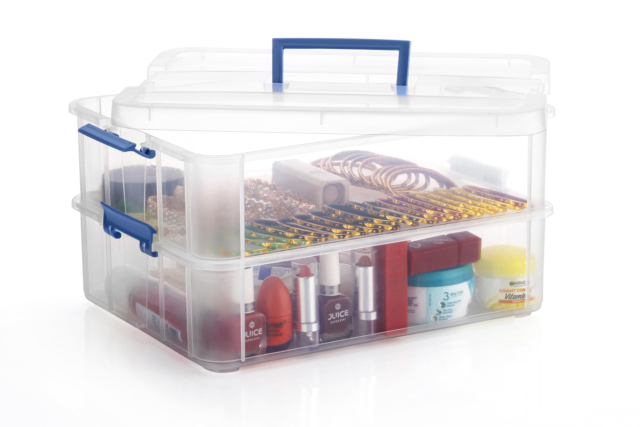 PALAK Plastic Storage Box - 2 Tier Transparent Rectangular Multi Utility Detachable, Space Saving Organiser With Lid For Medicine, Jewelry, Arts & Crafts, Buttons, Beads (2 Tier, Blue)