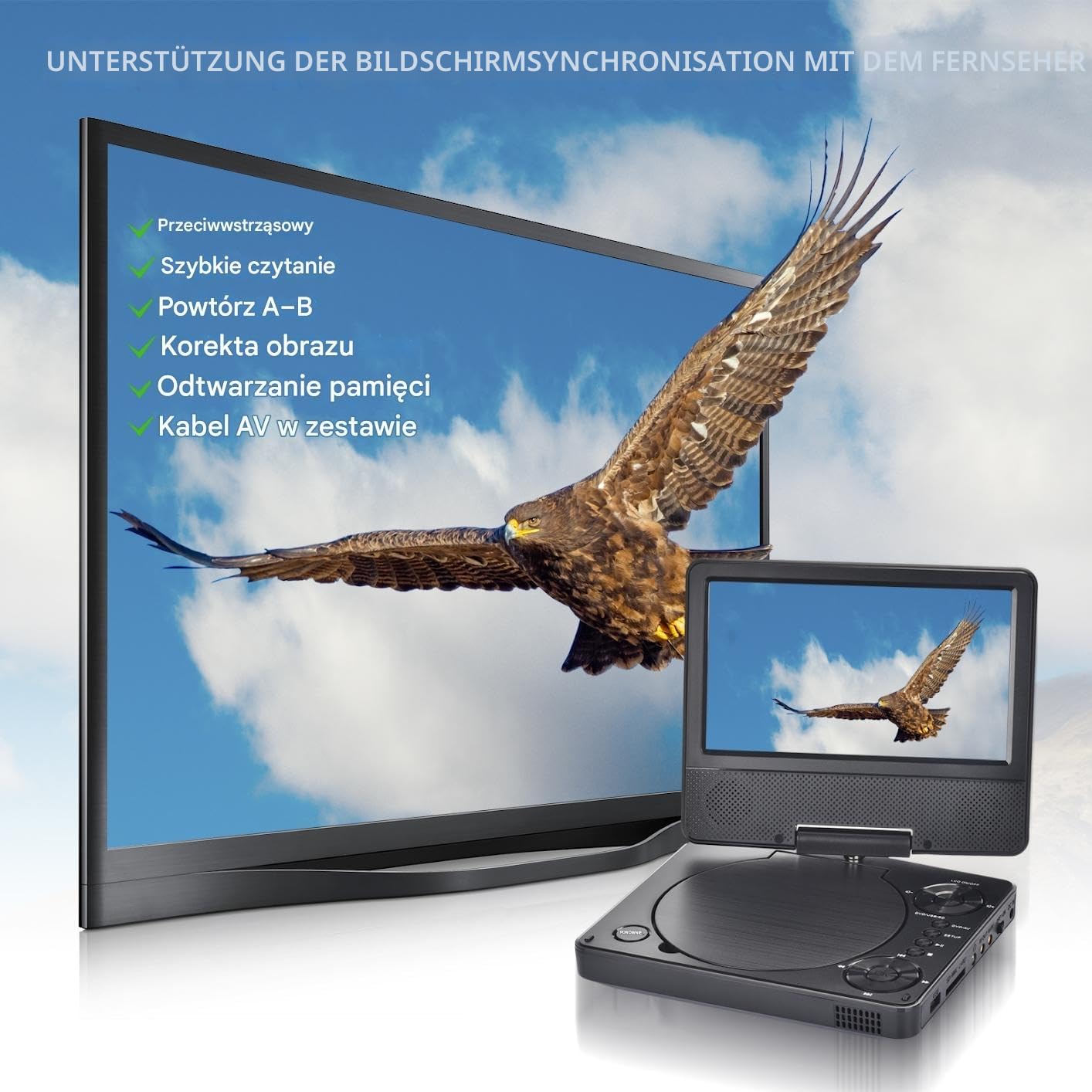 YOOHOO 9,5" Mini tragbarer DVD Player für Auto und Kinder mit Bildschirm 7,5" HD Bildschirm,mit akku， unterstützt alle Regionen, mehrere Regionen, Auto DVD Player für Kinder, Kopfhörer/SD/USB