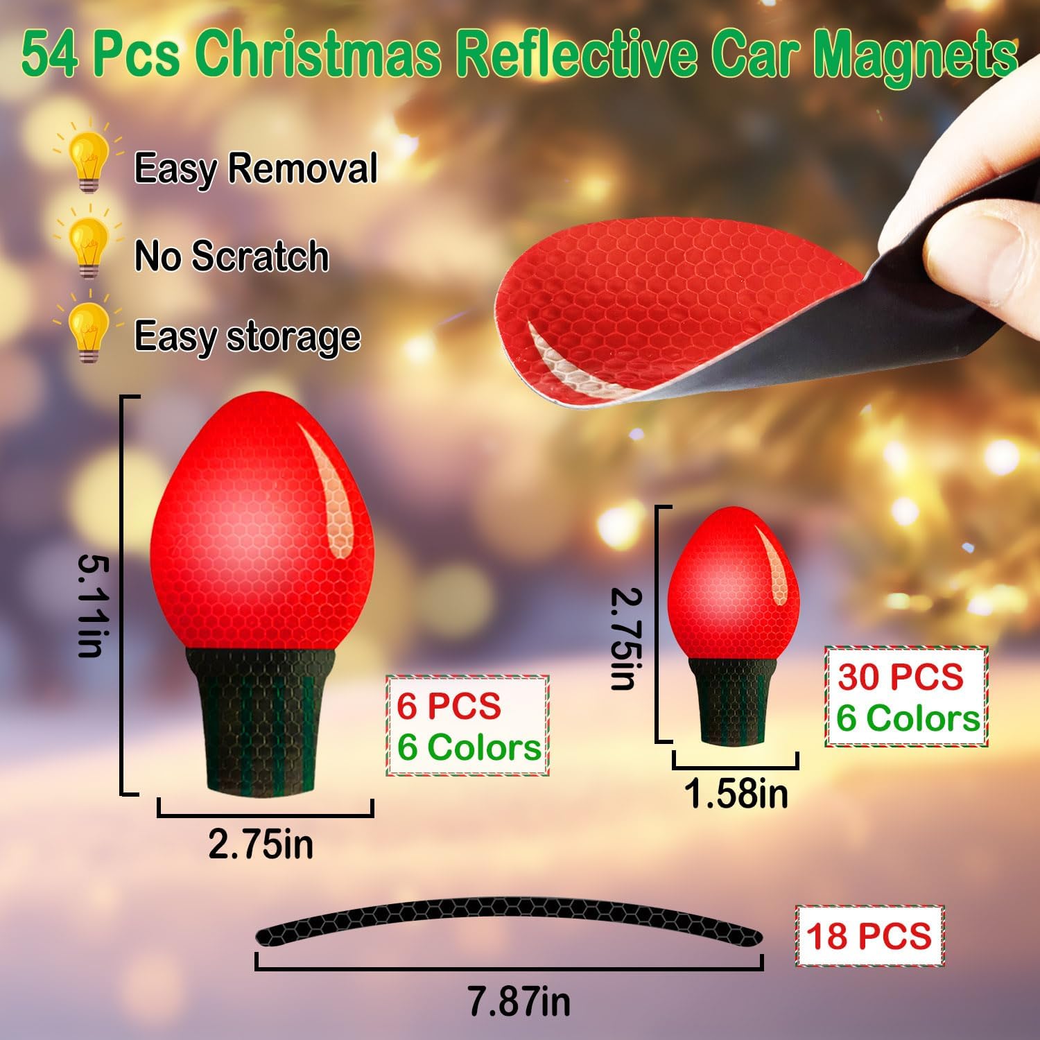 54 Pieces Christmas Reflective Car Magnets Decorations 36 Pieces Colorful Bulb Light Magnets with 18 Pieces Magnetic Wires Ornaments Set Xmas Holiday Decor
