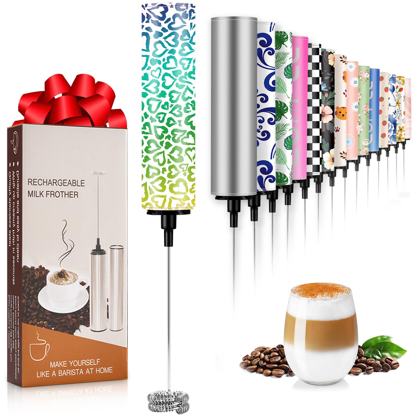 Milk Frother Handheld Rechargeable - 2-Speed Electric Whisk with 5 Detachable Heads (Frother/Mixer/Whisk) for Coffee, Latte, Cappuccino &amp; Matcha, Drink Mixer (Flower 5)