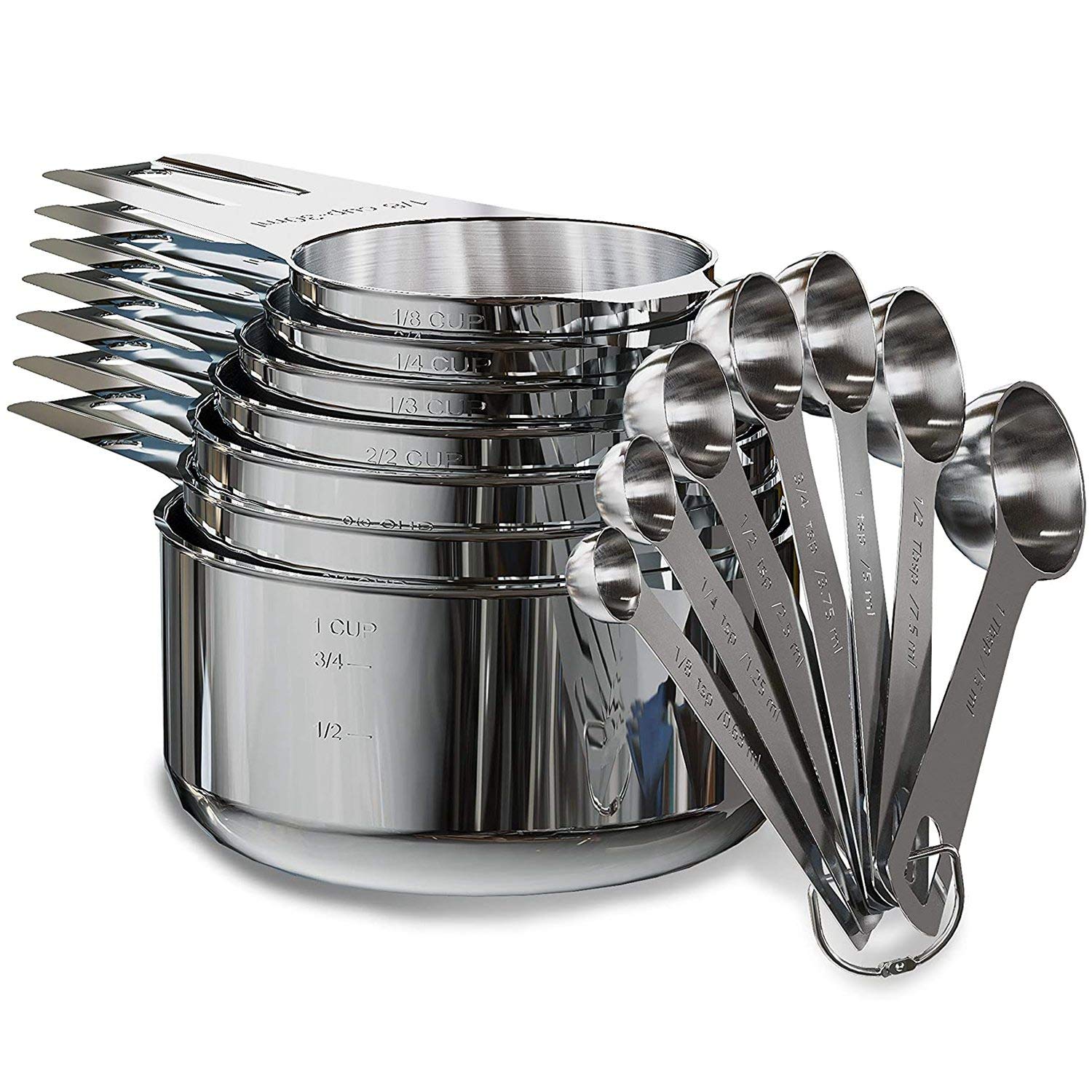 CTRLZS Stainless Steel Measuring Cups and Spoons Set of 14 Pieces,7 Nesting Cups and 7 Stackable Spoons Professional Portable