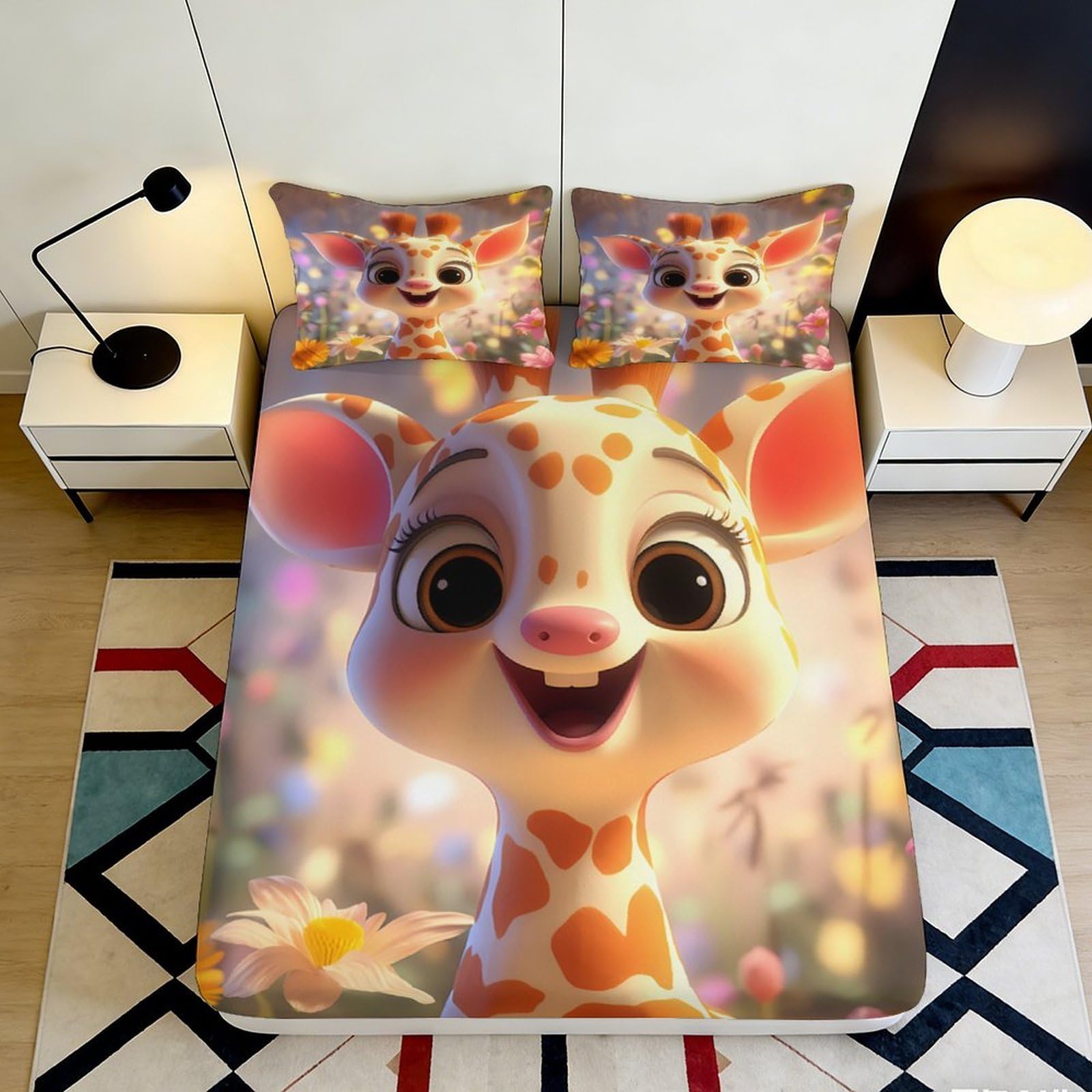 3D Printed Cute Giraffe Fitted Sheet Microfiber Soft Breathable Cartoon Animal Bed Cover for Bedroom Dormitory Guest Room Mattress Protection Decor 200x200x25cm