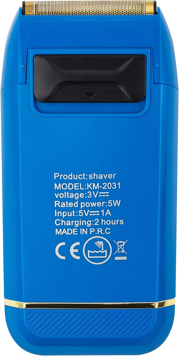 Nazad view of the KEMEI KM-1102 blue foil shaver showing product specifications.