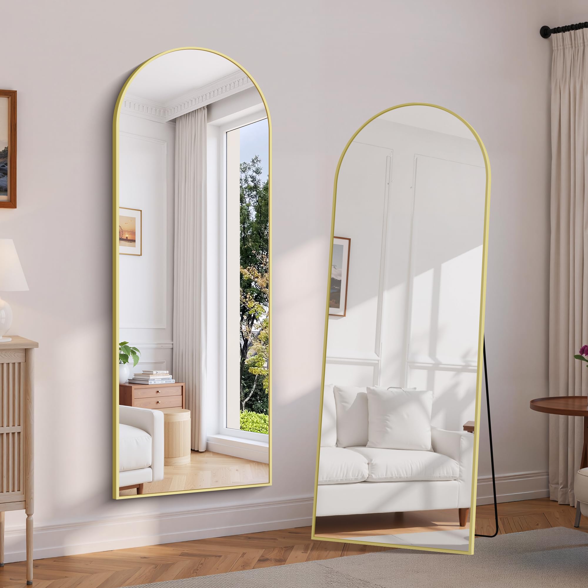 WOLIBEER Miroir sur Pied 179 x 65 cm, Grand Miroir Arqué en Pleine Longueur avec Cadre en Aluminium Doré, Miroir Mural sur Pied pour Salle de Bain, Chambre à Coucher, Entrée, Couloir, Vanité