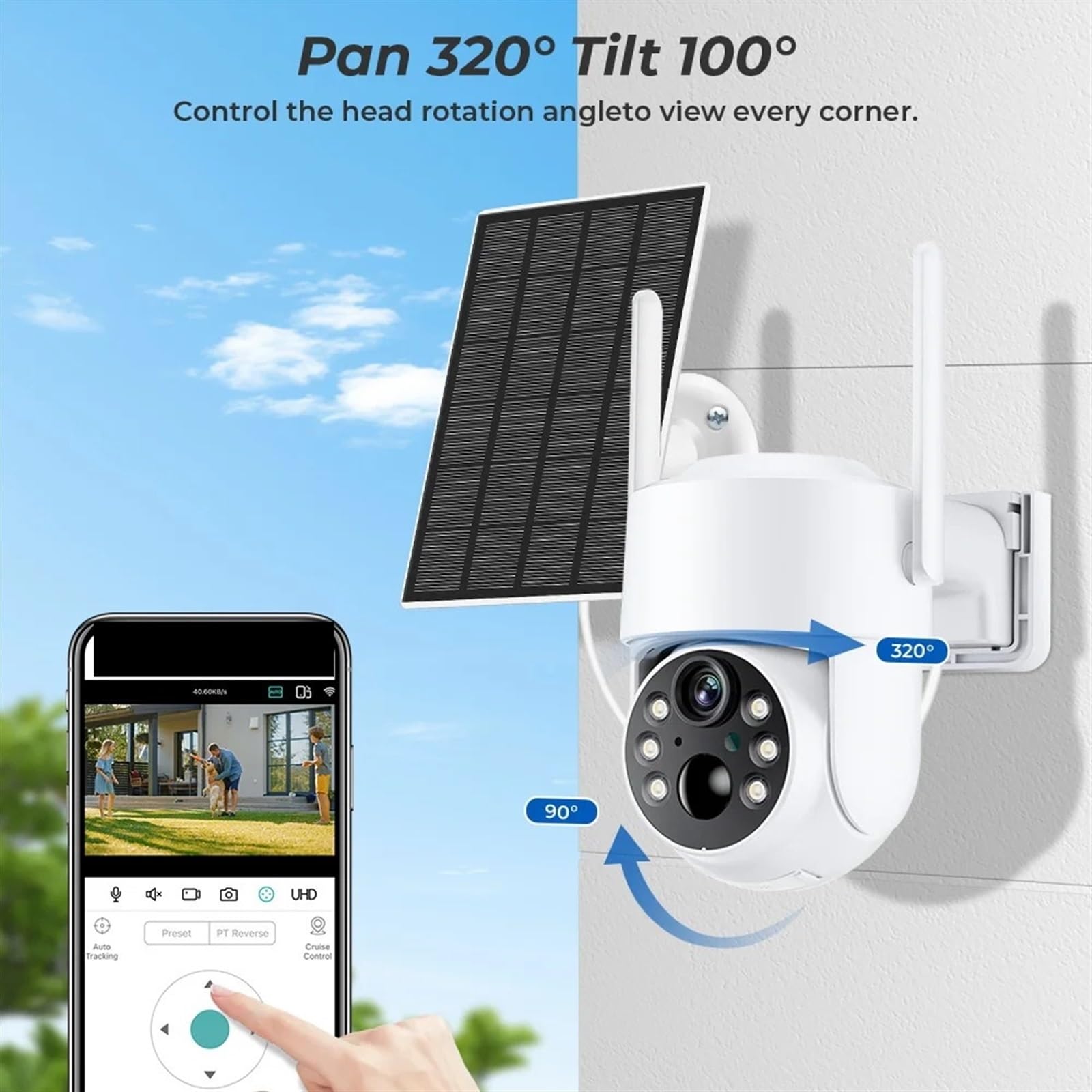 Caméra de sécurité, Caméra Solaire sans Fil HD 8MP caméra extérieure PTZ IP Batterie intégrée de Surveillance vidéo Longue durée Veille(4MP 2K)