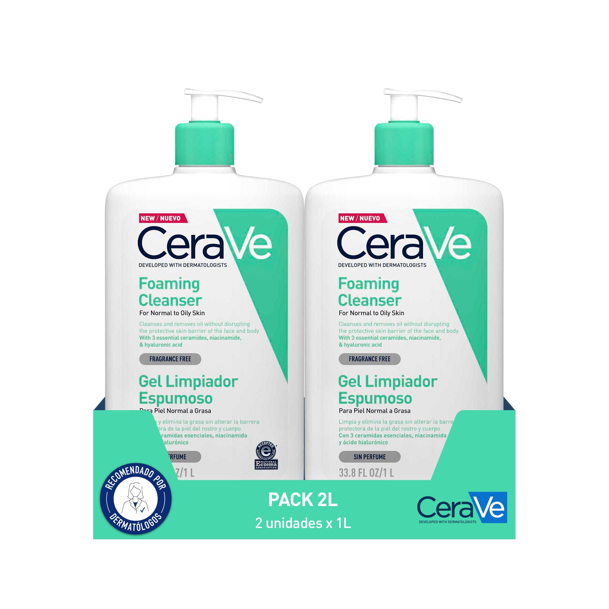 CeraVe Gel Limpiador Espumoso, Para Piel Normal a Grasa, Elimina el Exceso de Grasa y Suciedad, Enriquecido Con Ceramidas, Niacinamida y Ácido Hialurónico, Apto para Rostro y Cuerpo, 2x1litro