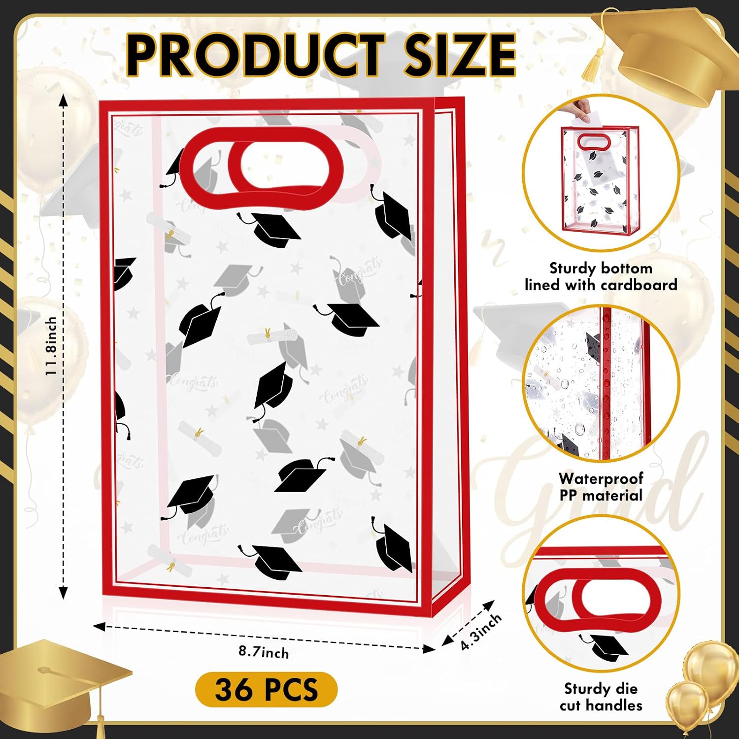 Eaasty 36 Pack Clear Graduation Gift Bags with Die Cut Handles 2026 Congrats Grad Plastic Party Favor Bag Reusable PP Gift Wrapping Totes for Graduation Party, 11.8 x 8.7 x 4.3 in(Red)