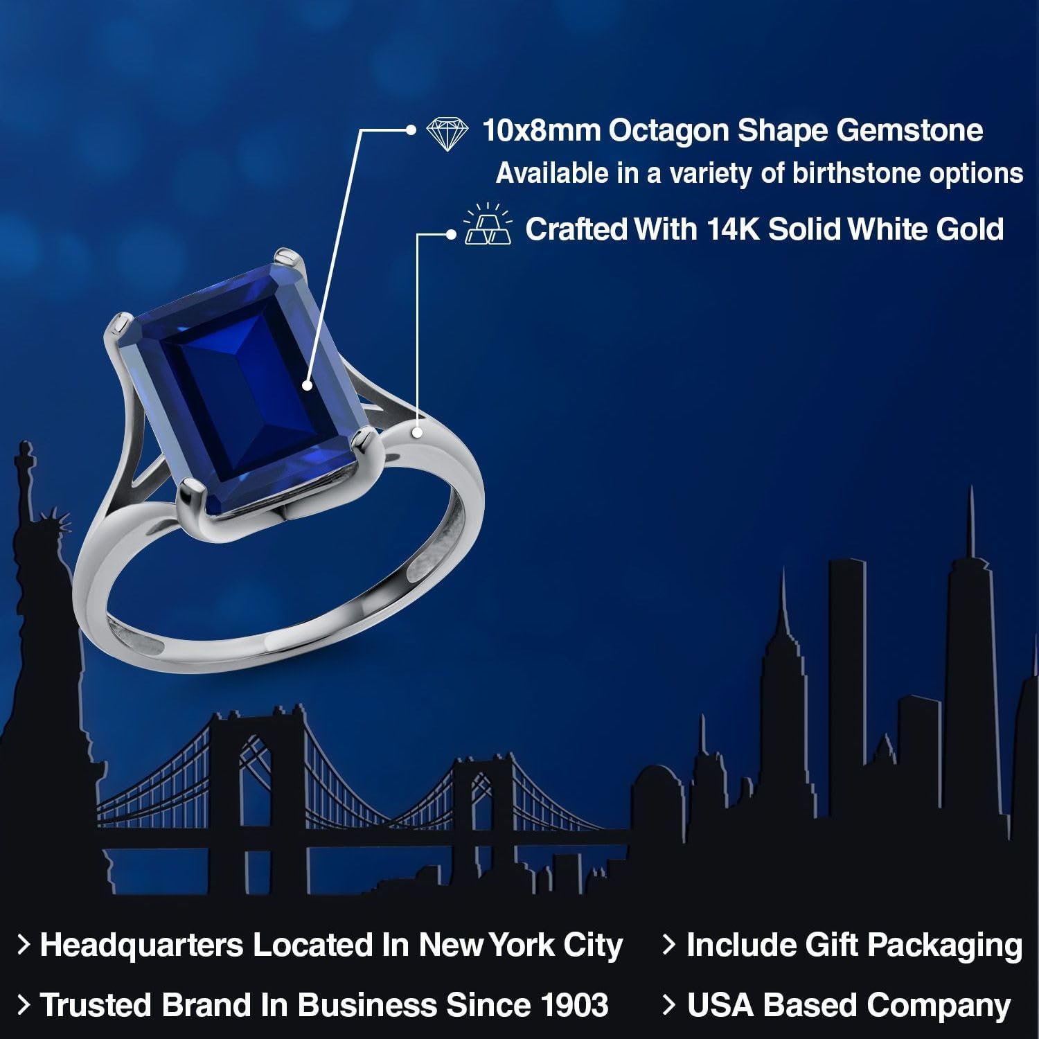 Gem Stone King 14K White Gold Gemstone Birthstone Solitaire Engagement Ring | Emerald Cut 11x9MM | Wedding Anniversary Promise Gold Ring For Women | Available In Size 5-9.5