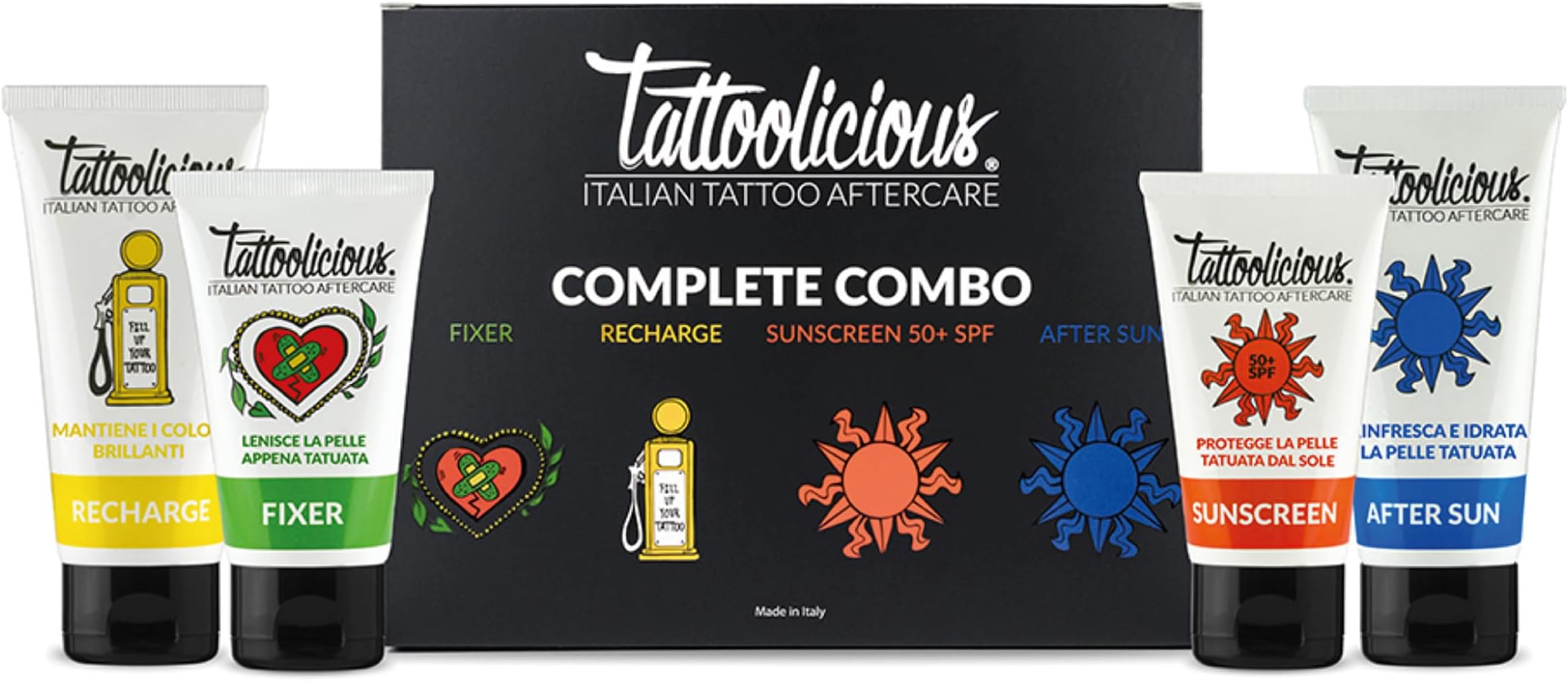 COMPLETE COMBO – FIXER, 75 ml + RECHARGE, 100 ml + SUNSCREEN 50+ SPF, 75 ml + AFTER SUN, 100 ml – With Organic Active Ingredients.