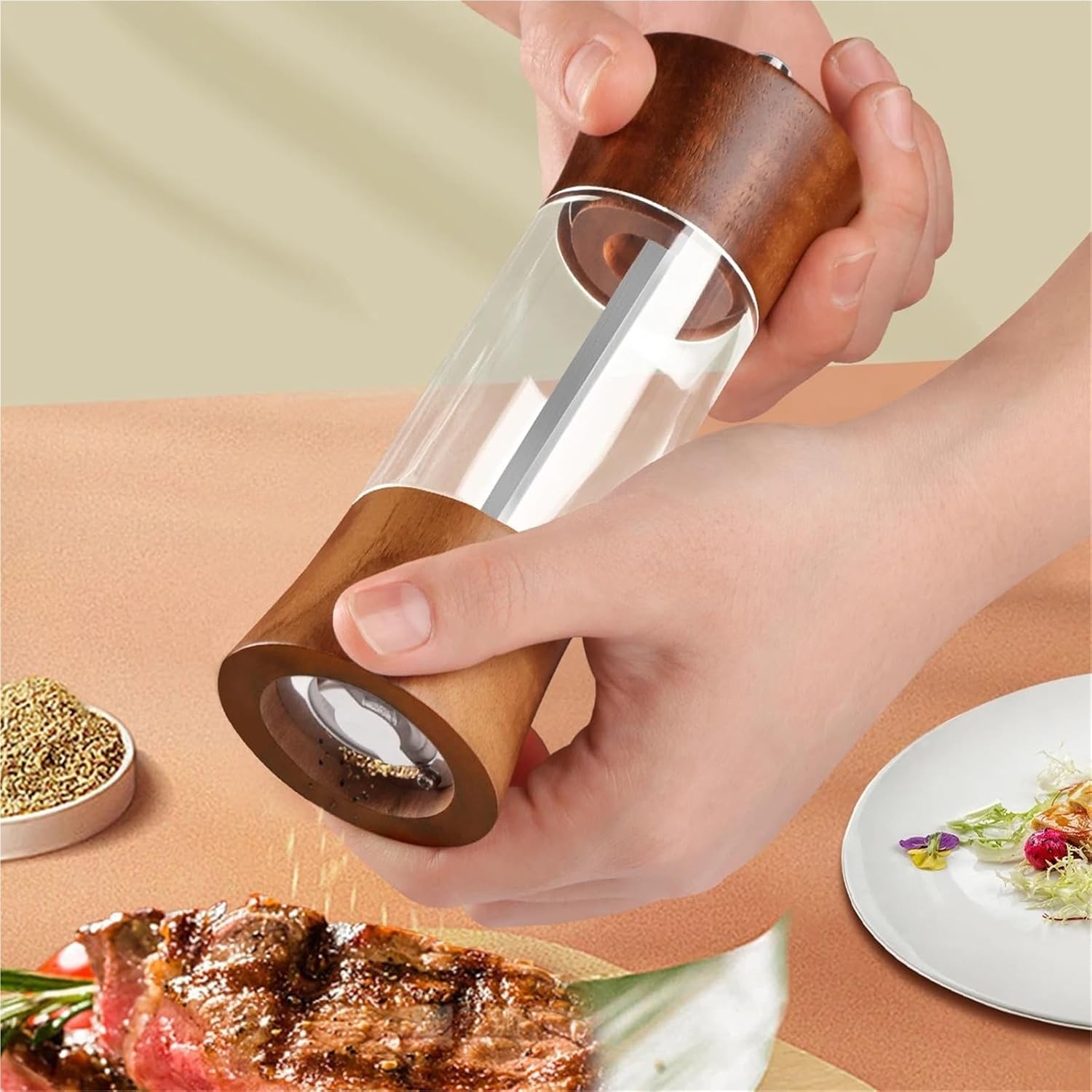 Walnut Wood Manual Pepper Grinder with Transparent Window, Adjustable Coarseness Ceramic Spice Mill for Salt and Pepper, Two Sizes(L)