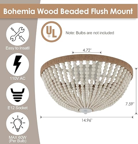 Miniatura 4 de Lámpara de techo de cristal de montaje empotrado moderna y estilo bohemio con cuentas de madera
