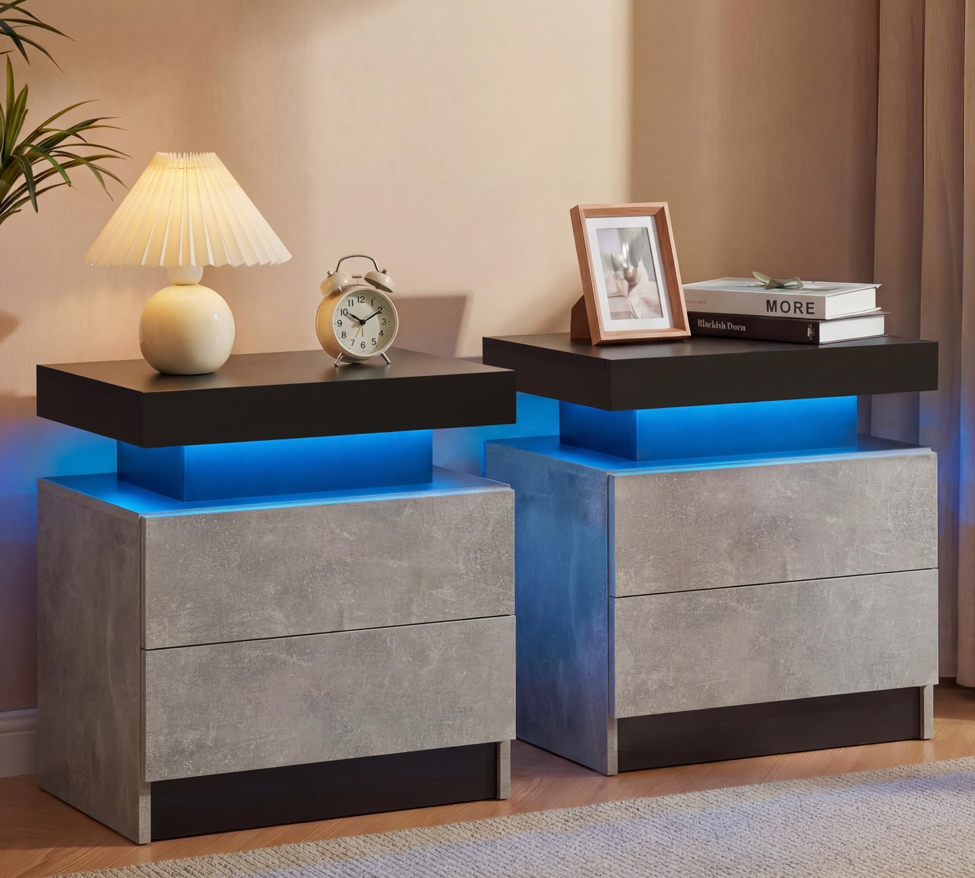i-aplus Nightstand Set of 2 LED Nightstand with 2 Drawers, Bedside Table with Drawers for Bedroom Furniture, Side Bed Table with LED Light, Grey Black
