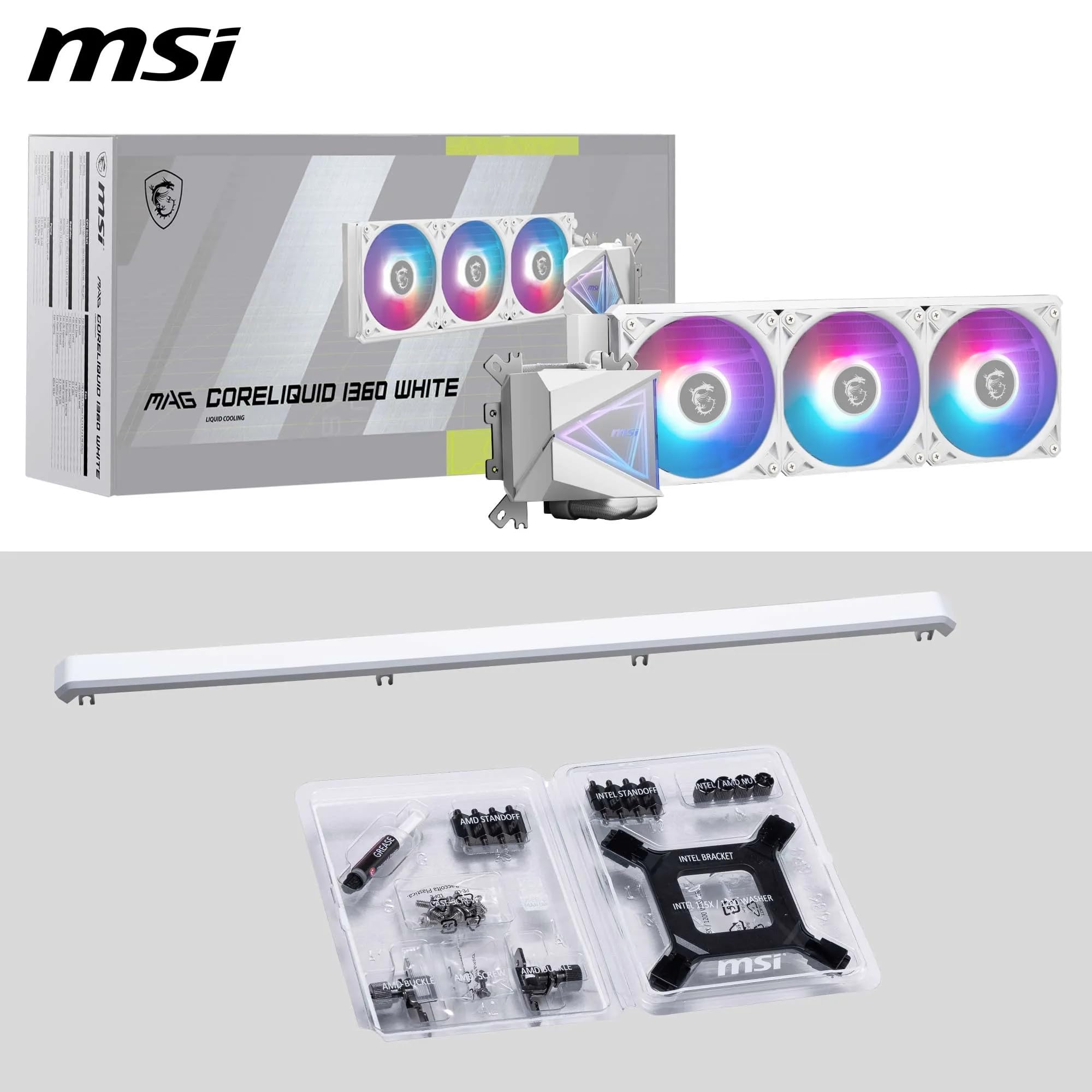 MSI MAG CORELIQUID I360 WHITE Watercooling AIO - Large plaque froide en cuivre, ARGB sur tête de bloc et ventilateurs LDB, waterblock à double chambre, radiateur Split-Flow, compatible Intel & AMD