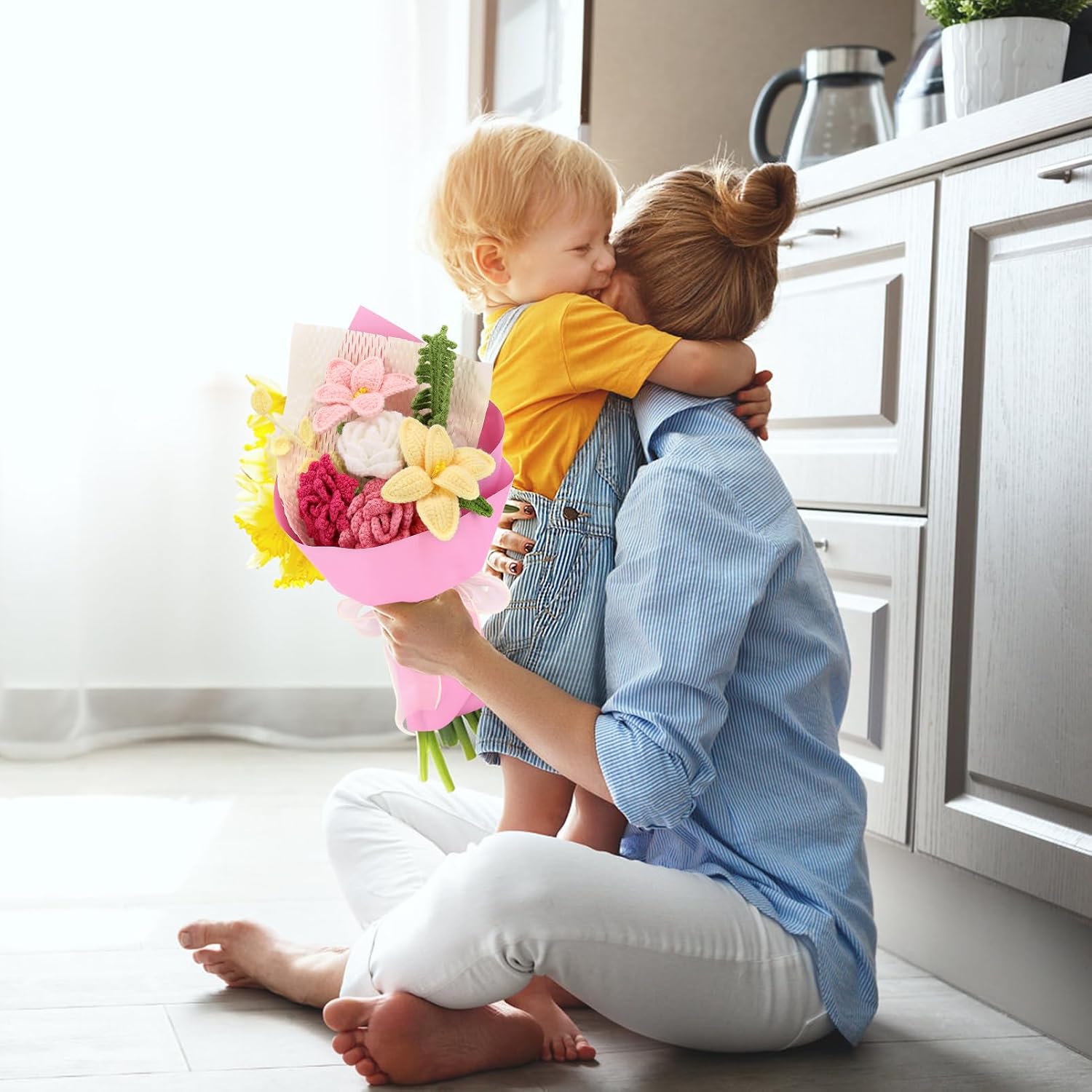 Crochet Flowers Finished Bouquet Crocheted Cotton Thread Flowers, Handmade Crochet Rose Tulip Fern Leaf as a Gift for Lover, Friends. Artificial Flower (Pink) - Image 6