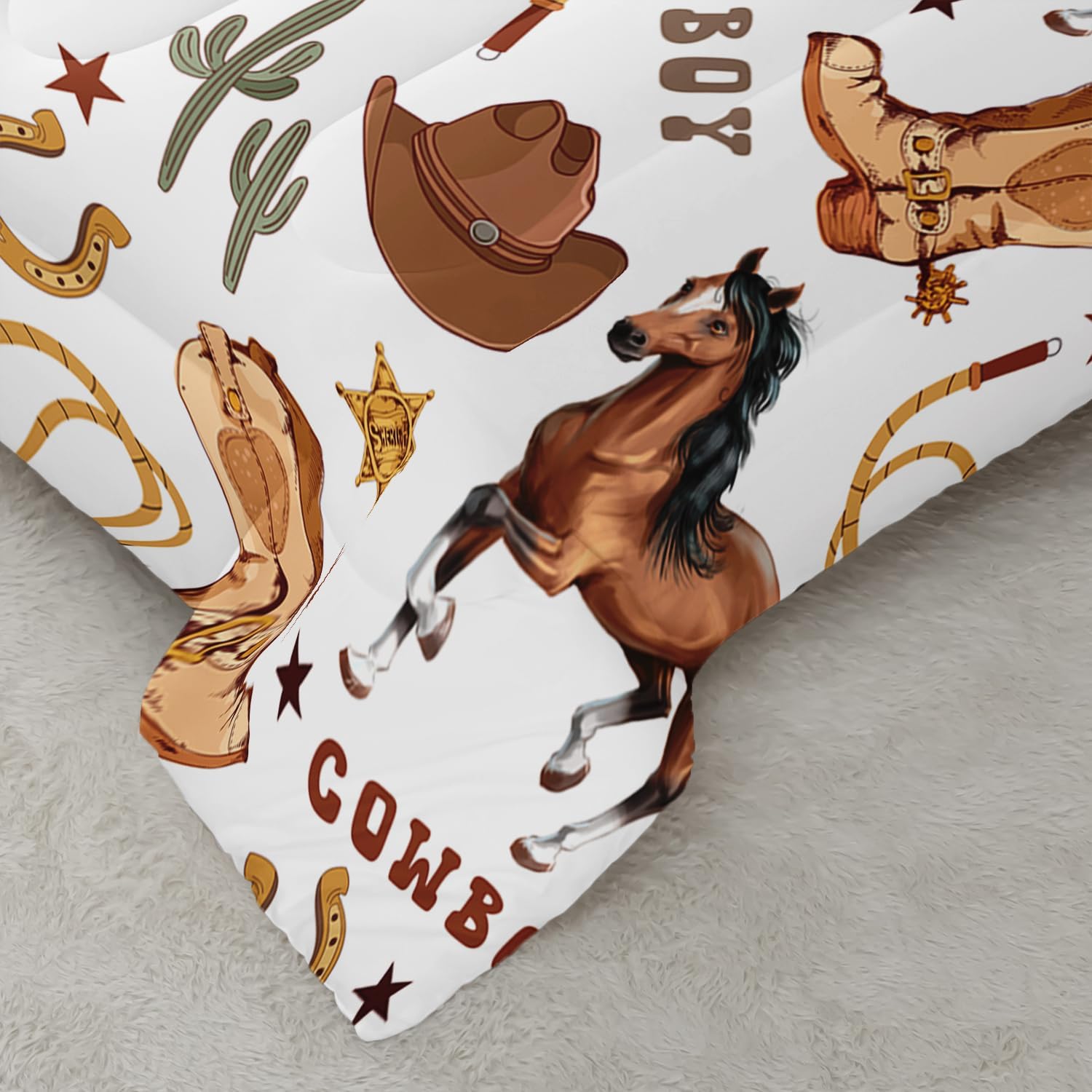 Western Horse Comforter 3Pcs Twin Wild Brown Horse Cowboy Boot Hat Cactus Bedding Set for Kid Teen Girl Boy Adult Horsewhip Badge Horseshoe Quilt Bed Decor with 1 Comforter and 2 Pillowcases - Image 6