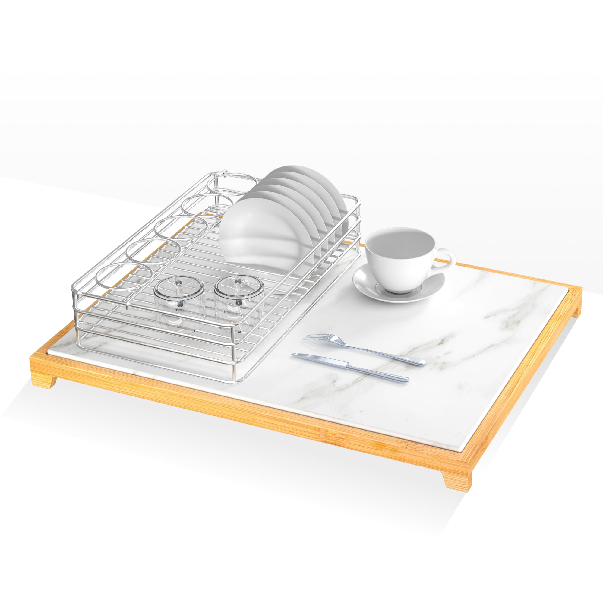 Stone Drying Mat for Kitchen Countertop, Bamboo Rack Dish Pad，Absorbent drying pad，Kitchen Countertop Diatomaceous Earth Mats（White Marble）