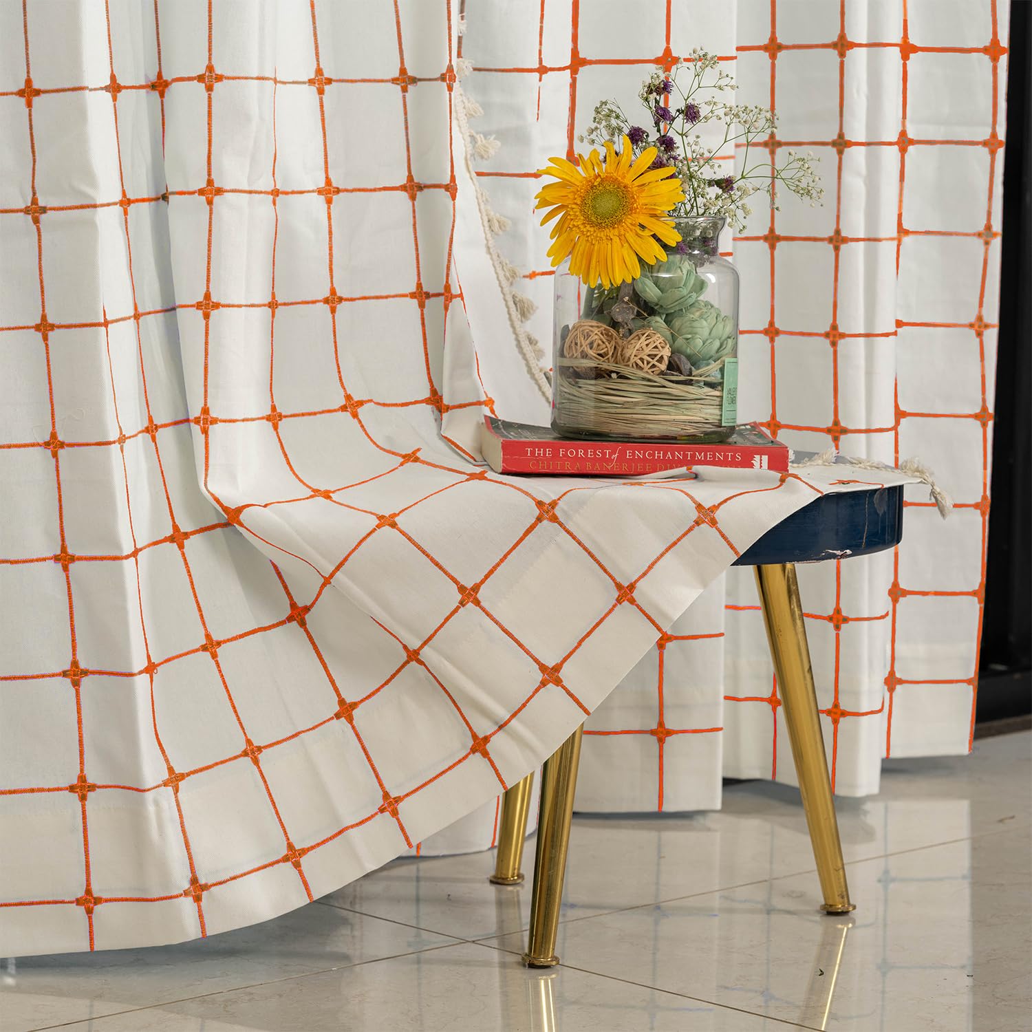 Urban Space Embroidery Curtains for Window, 100% Cotton Curtain 5 Feet Long Pack of 1 Decorative Curtain with Tassels, Tieback & Eyelets Included, 60-65% Room Darkening (Orange Checks, 5 ft) (B0DGGJK4K8) Amazon Price History, Amazon Price Tracker