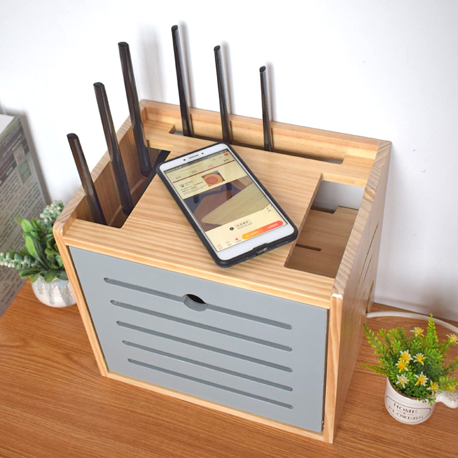 WiFi Routeur Boite, Boite Décodeur TV, Bois Massif Boîte de Rangement pour Câbles, Boite Rangement DVD, Grande Boîte Rangement pour Routeur WiFi, Télécommandes, Lecteurs DVD
